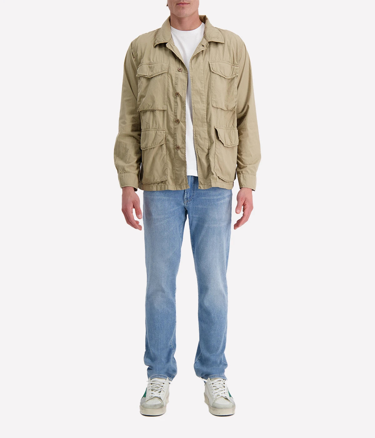 Khaki Hartford men’s jacket with a straight cut, military-inspired design, and four flap pockets for a utilitarian yet polished look.