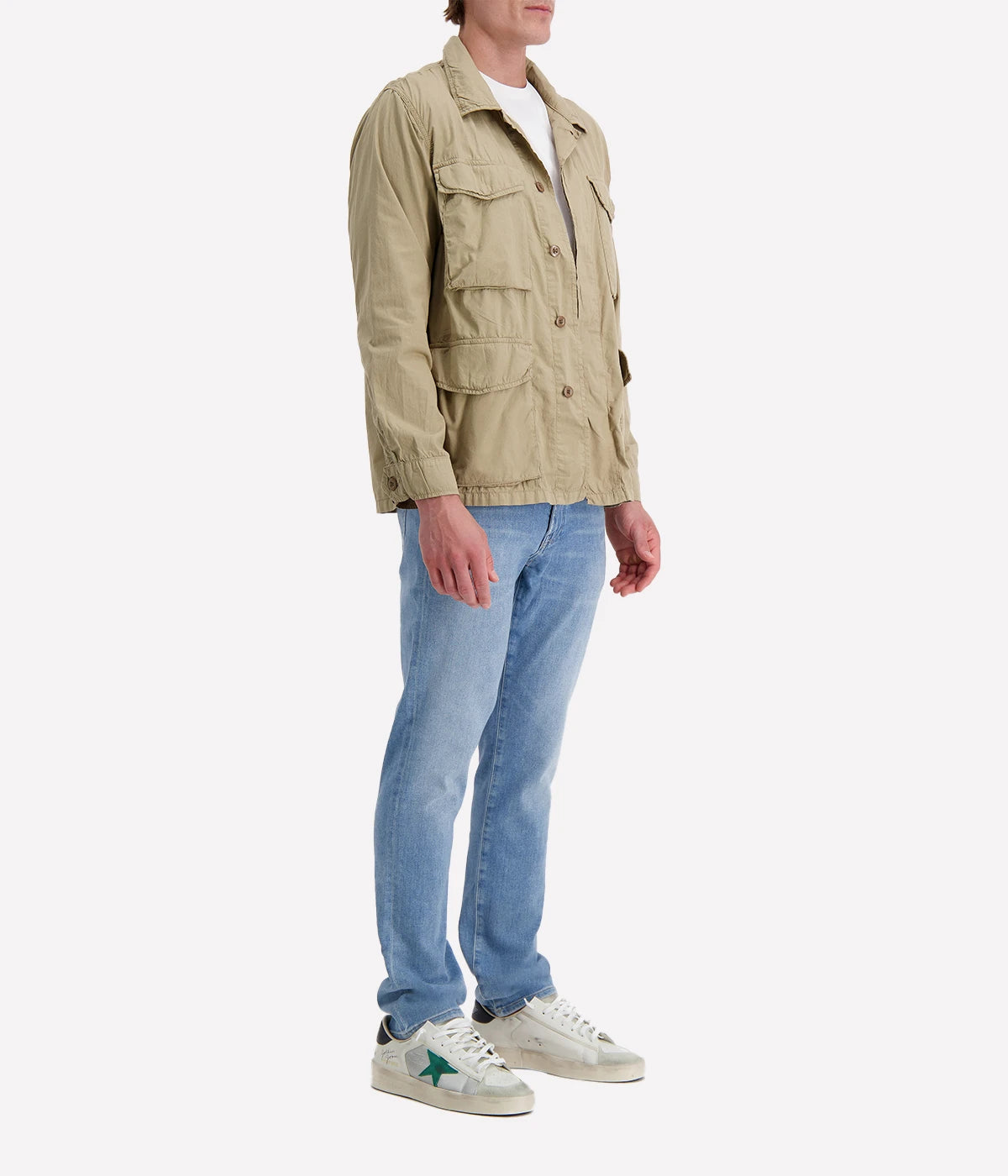 Khaki Hartford men’s jacket with a straight cut, military-inspired design, and four flap pockets for a utilitarian yet polished look.