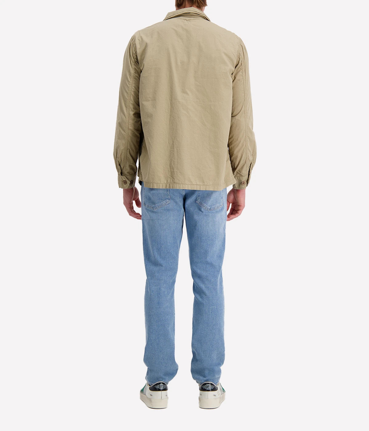 Khaki Hartford men’s jacket with a straight cut, military-inspired design, and four flap pockets for a utilitarian yet polished look.