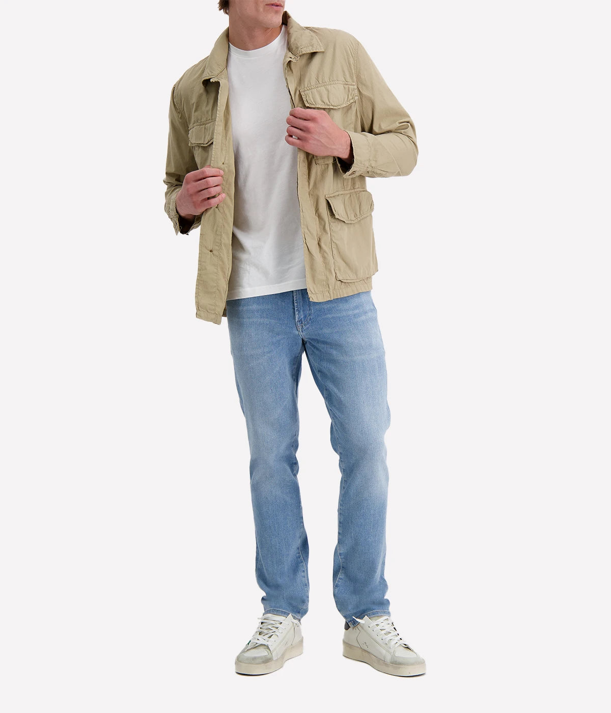 Khaki Hartford men’s jacket with a straight cut, military-inspired design, and four flap pockets for a utilitarian yet polished look.