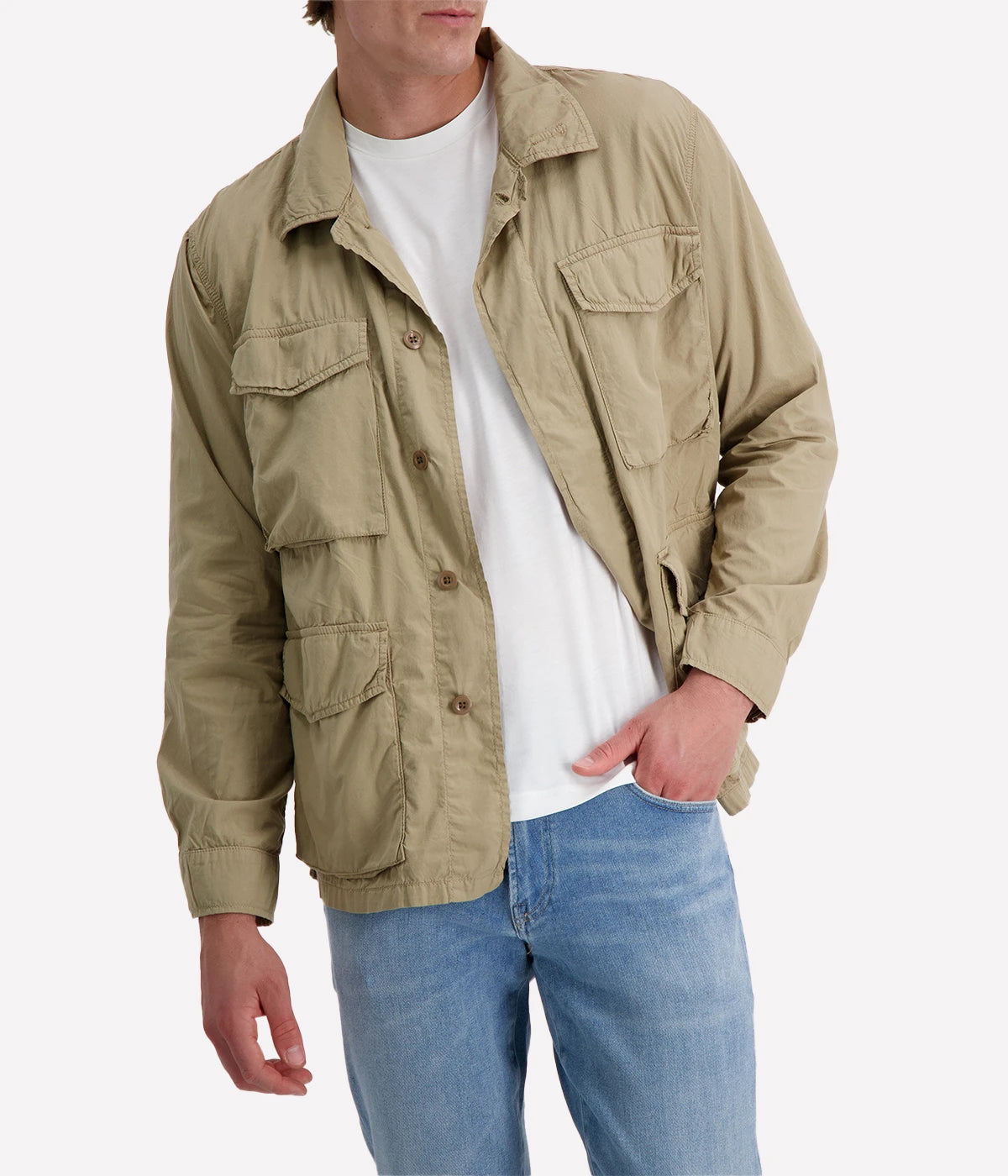 Khaki Hartford men’s jacket with a straight cut, military-inspired design, and four flap pockets for a utilitarian yet polished look.