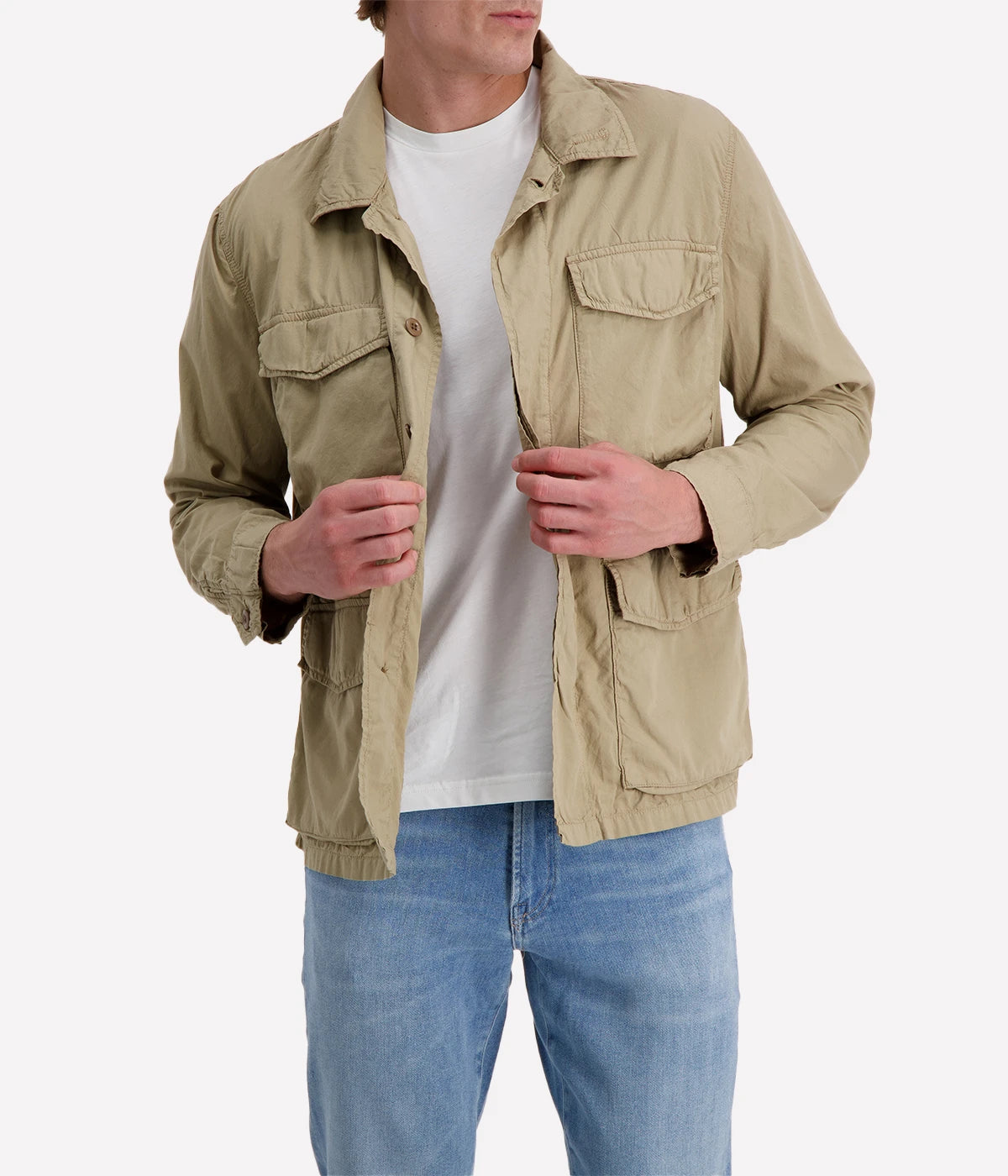 Khaki Hartford men’s jacket with a straight cut, military-inspired design, and four flap pockets for a utilitarian yet polished look.