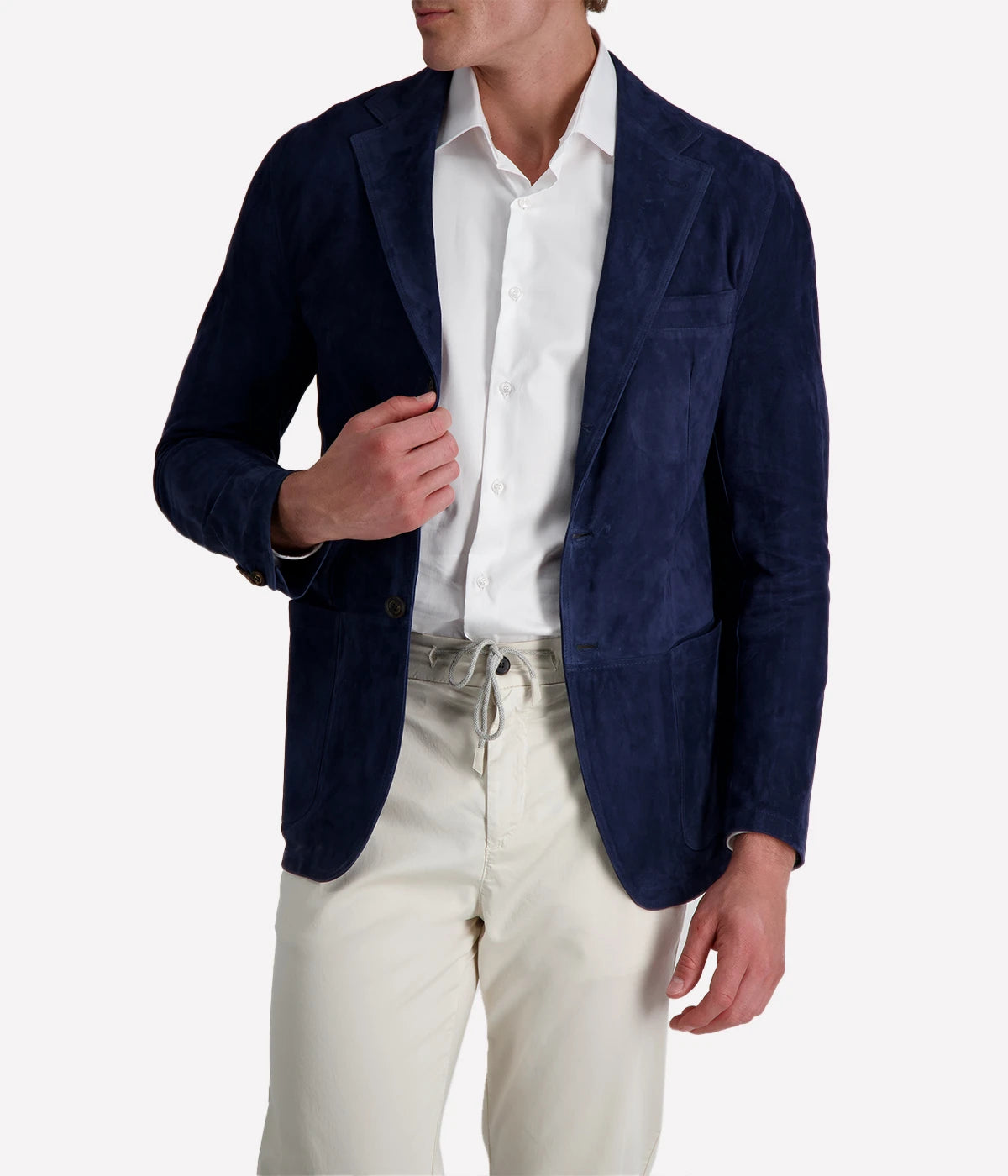 Eleventy navy blue leather blazer featuring a slim, tailored fit and notch lapels. Crafted from soft leather for a refined look.