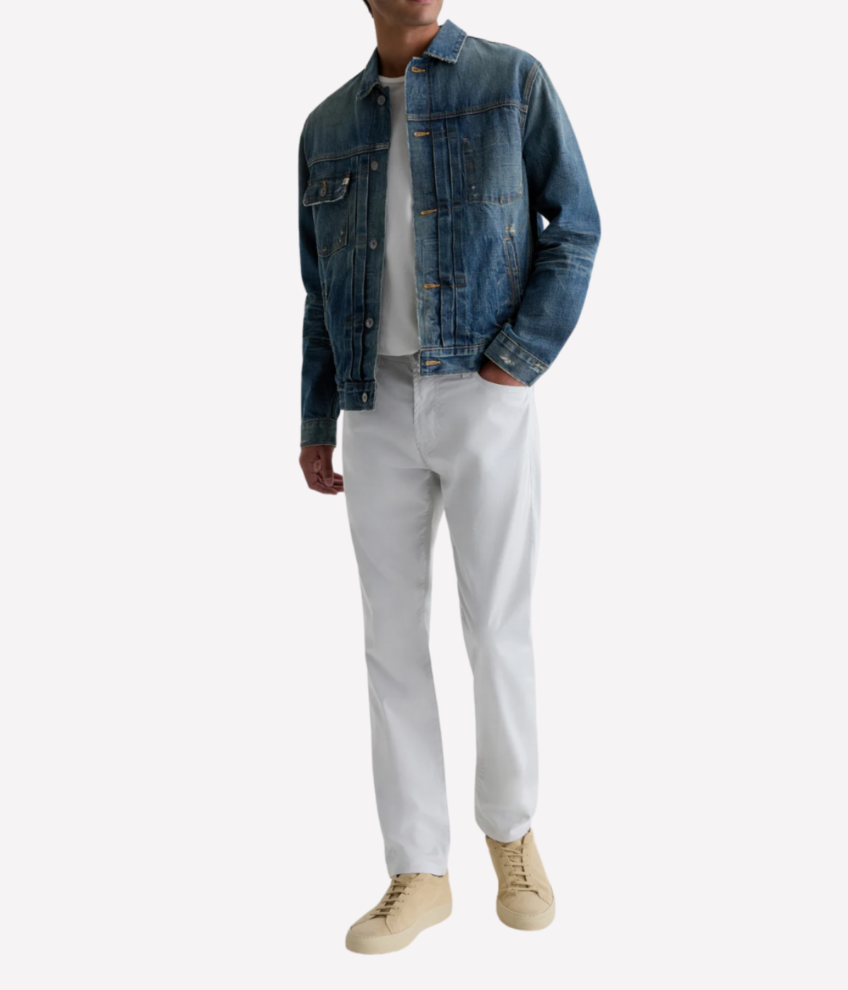 AG Tellis Jean Almost White On Model Full Length Front View Modern Slim Performance Jean
