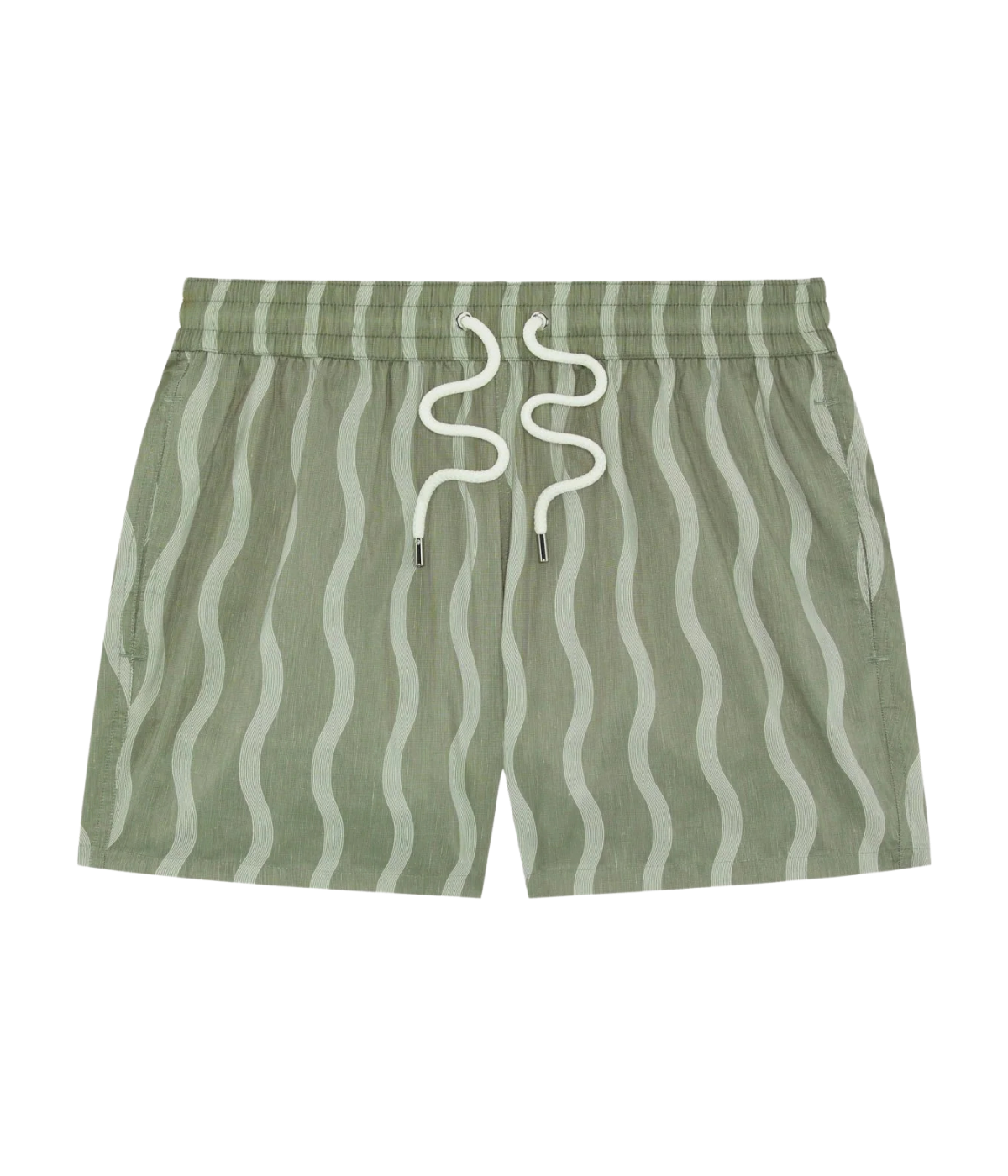 Frescobol Carioca Rio Sport Cabana Swim Short in Palm Green front flat lay featuring the Cabana Pinstripe print.