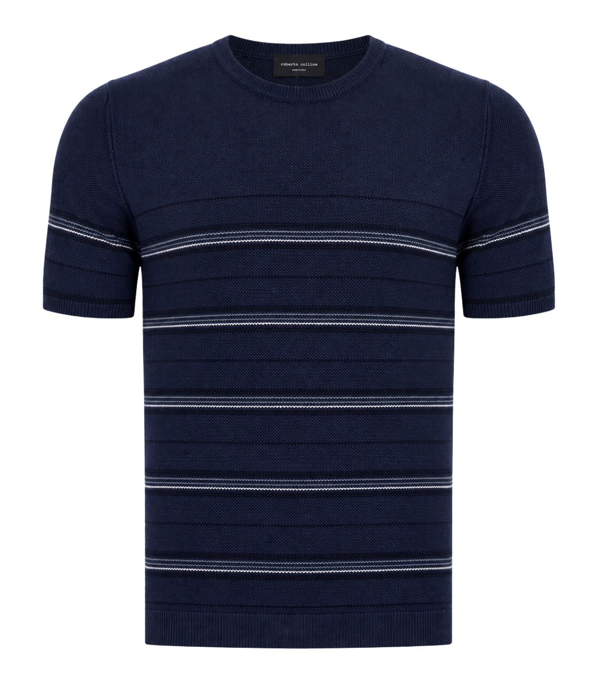 Roberto Collina Knit Short Sleeve Roundneck in Navy Ghost Manniquin front shot featuring a striped knit texture.