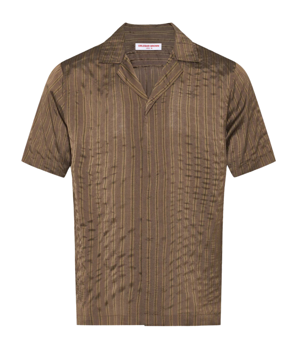 Orlebar Brown Maitan Villa Stripe Shirt in Bronze front flat lay.