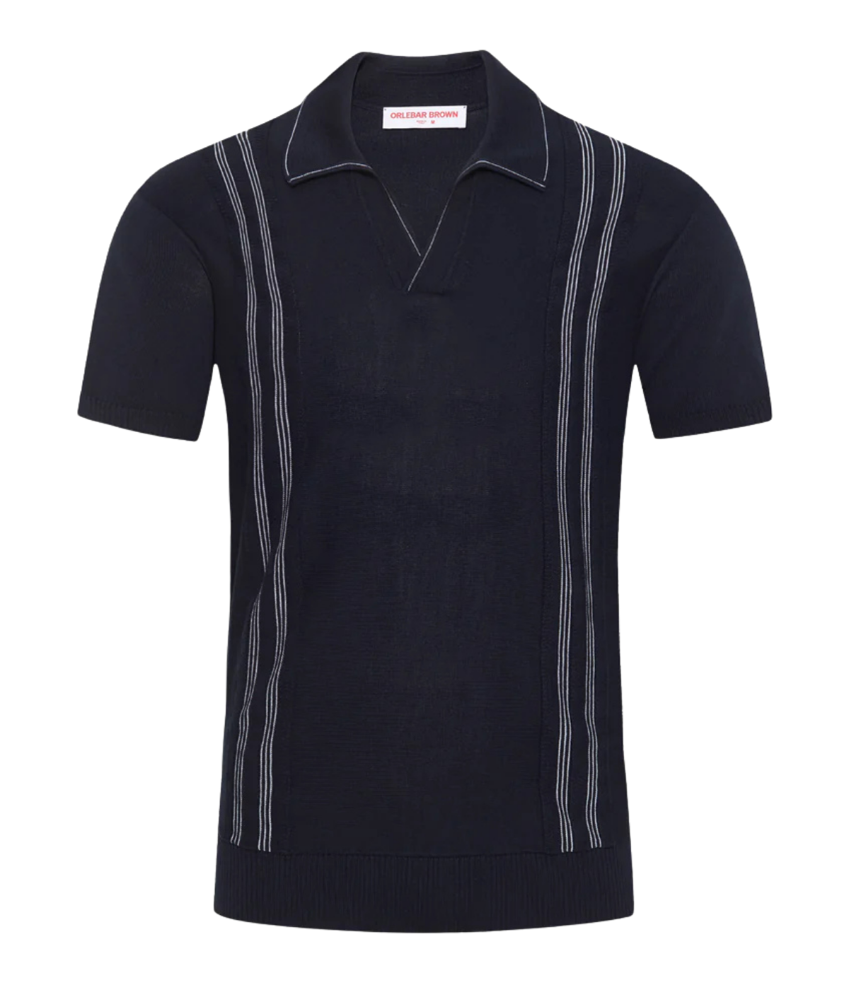 Orlebar Brown Horton Chevron Stripe Polo in Night Iris / White Sand front flat lay.