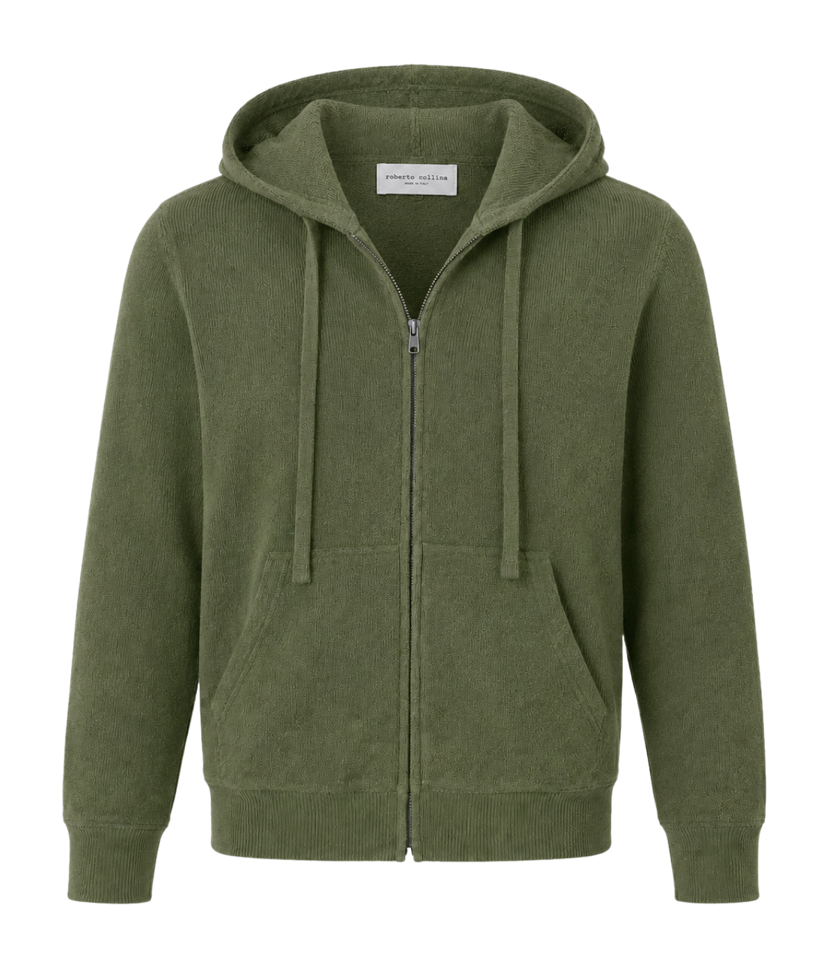 Roberto Collina Knit LS Hoodie in Militare – Ghost Mannequin Front Shot