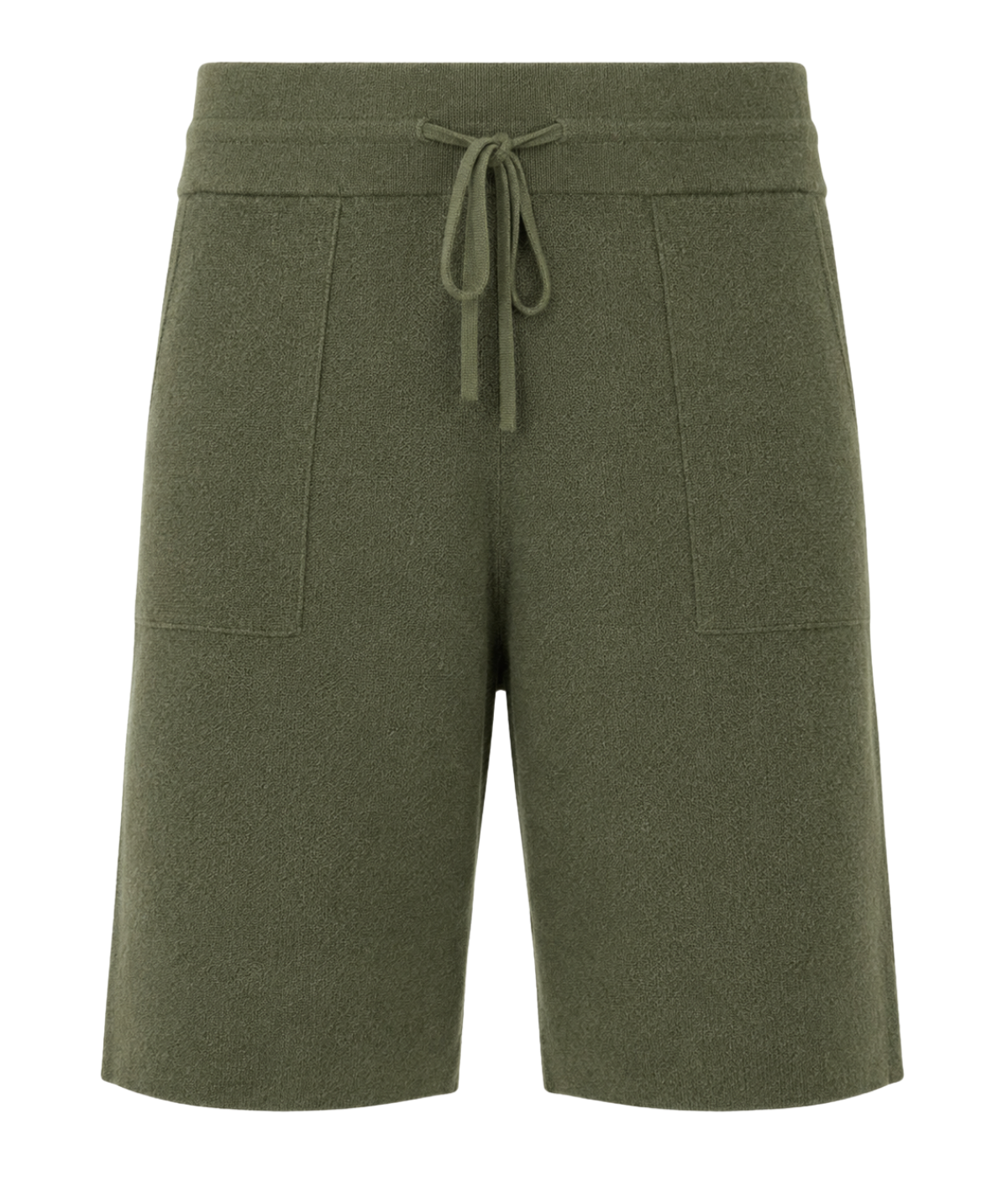 Roberto Collina Knit Bermuda in Militare – Ghost Mannequin Front Shot of Drawstring Knit Shorts