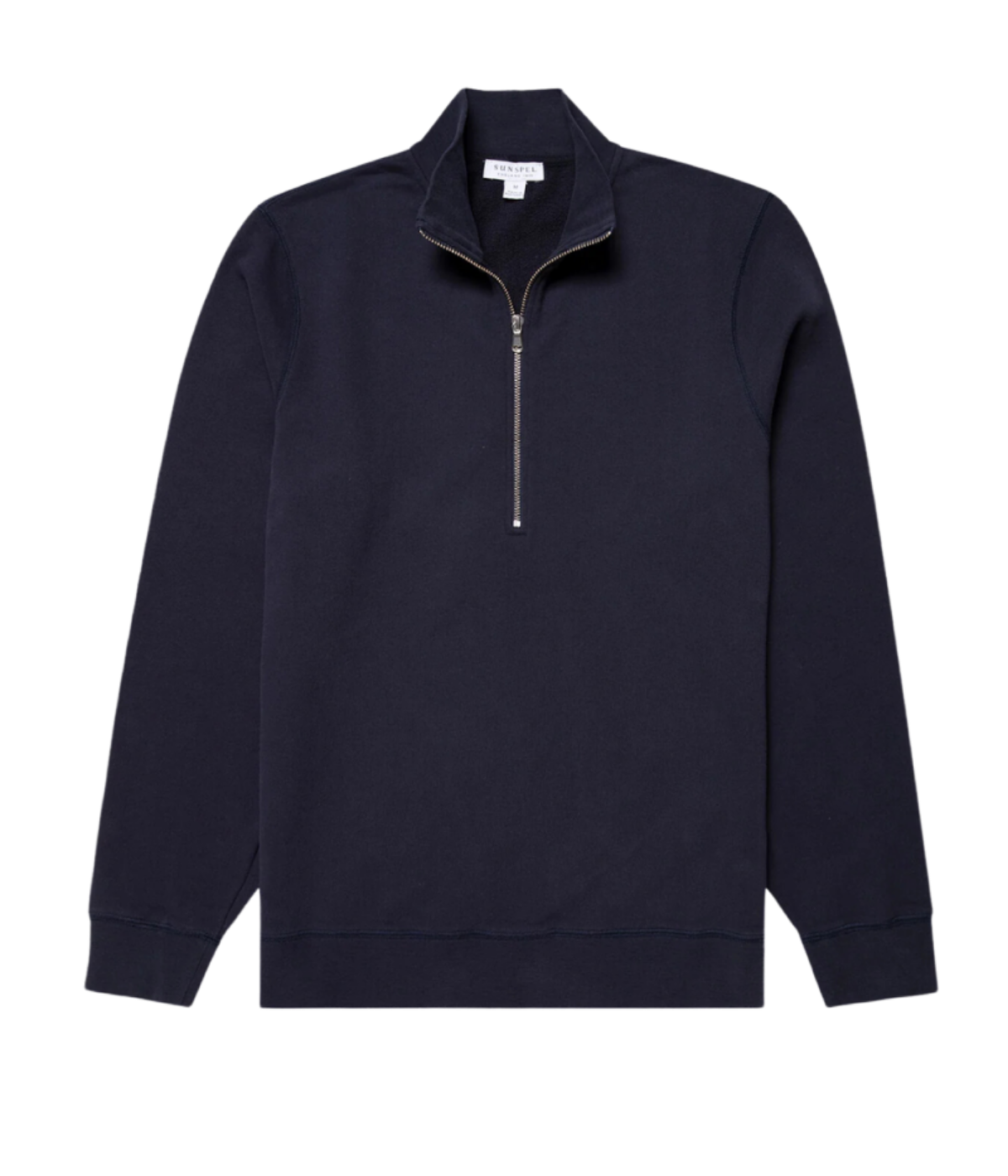 Navy Sunspel Loopback Half-Zip Sweatshirt with a relaxed fit, crafted from soft loopback fabric with insulating warmth and a sleek zip detail.