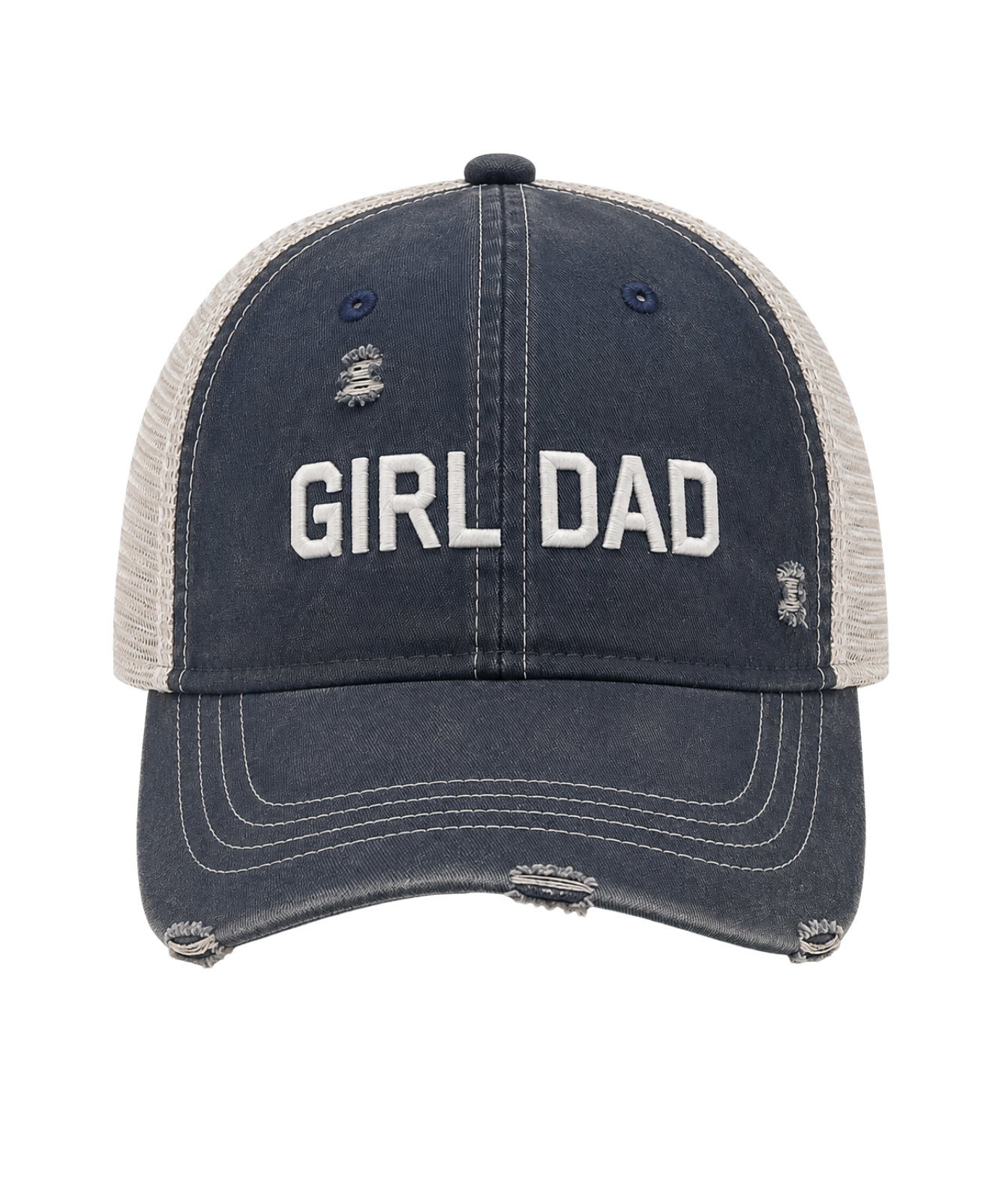 A distressed trucker-style baseball cap with a dark navy blue front panel and brim, and light beige mesh back panels. The front features the words 'GIRL DAD' embroidered in white block letters, with small distressed graphic details on the sides.