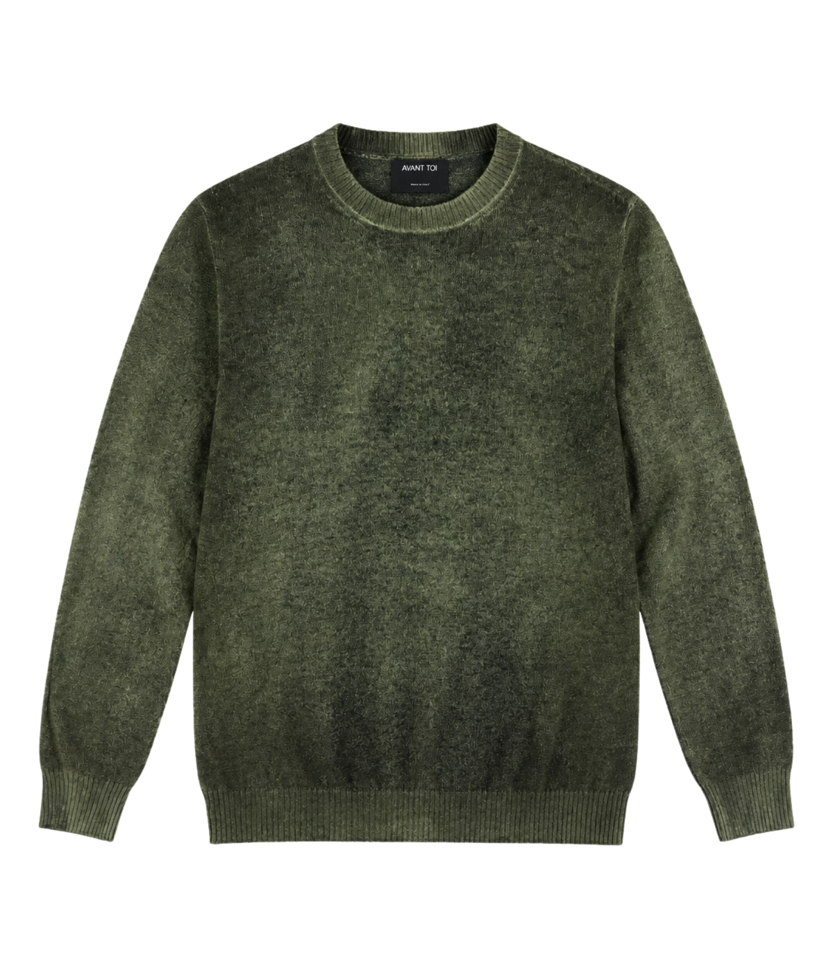Front product view of Avant Toi Hand Painted Light Cashmere Round Neck Pullover in Moss