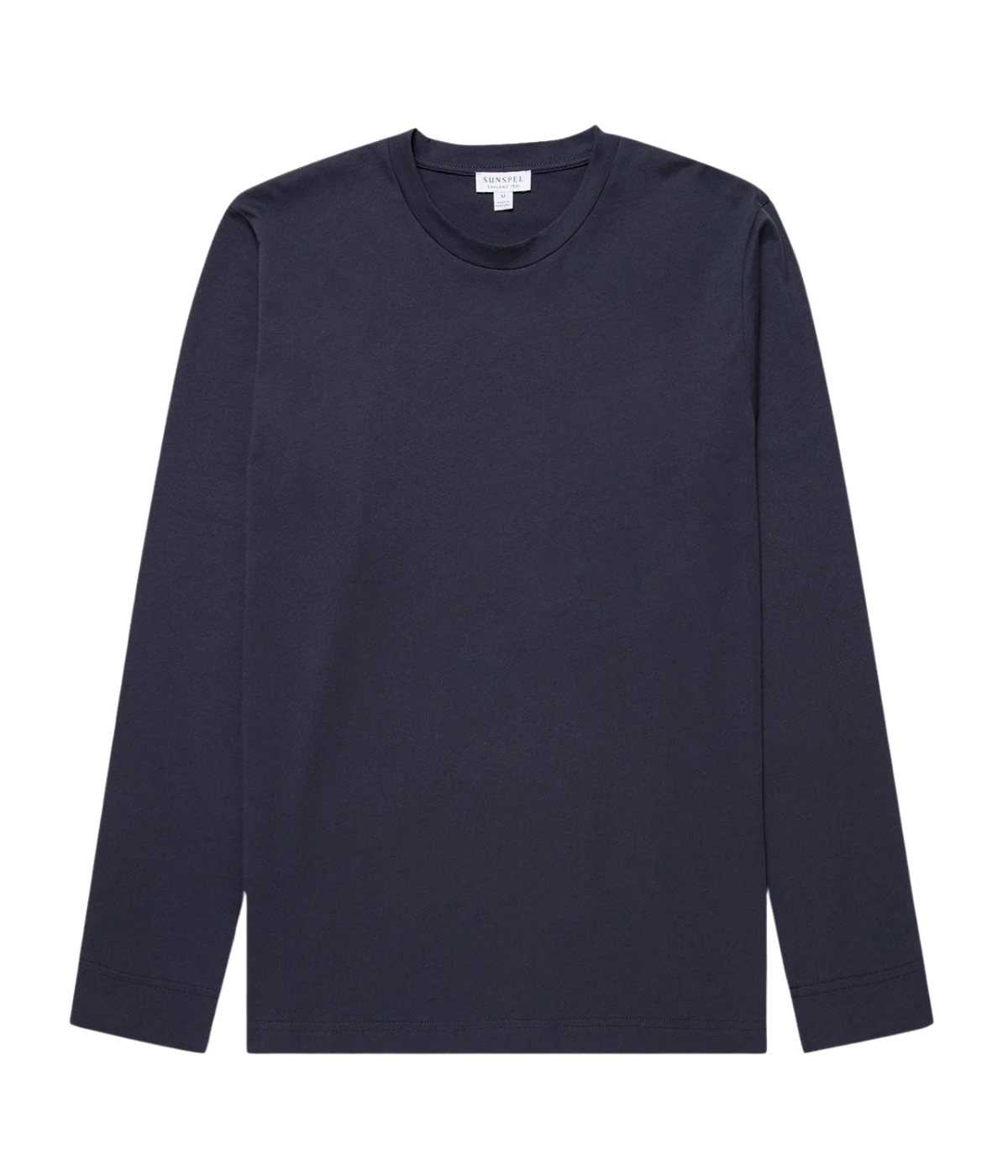Sunspel Long Sleeve Riviera T-Shirt in Navy flat lay view of slim-fit midweight Supima cotton long sleeve tee