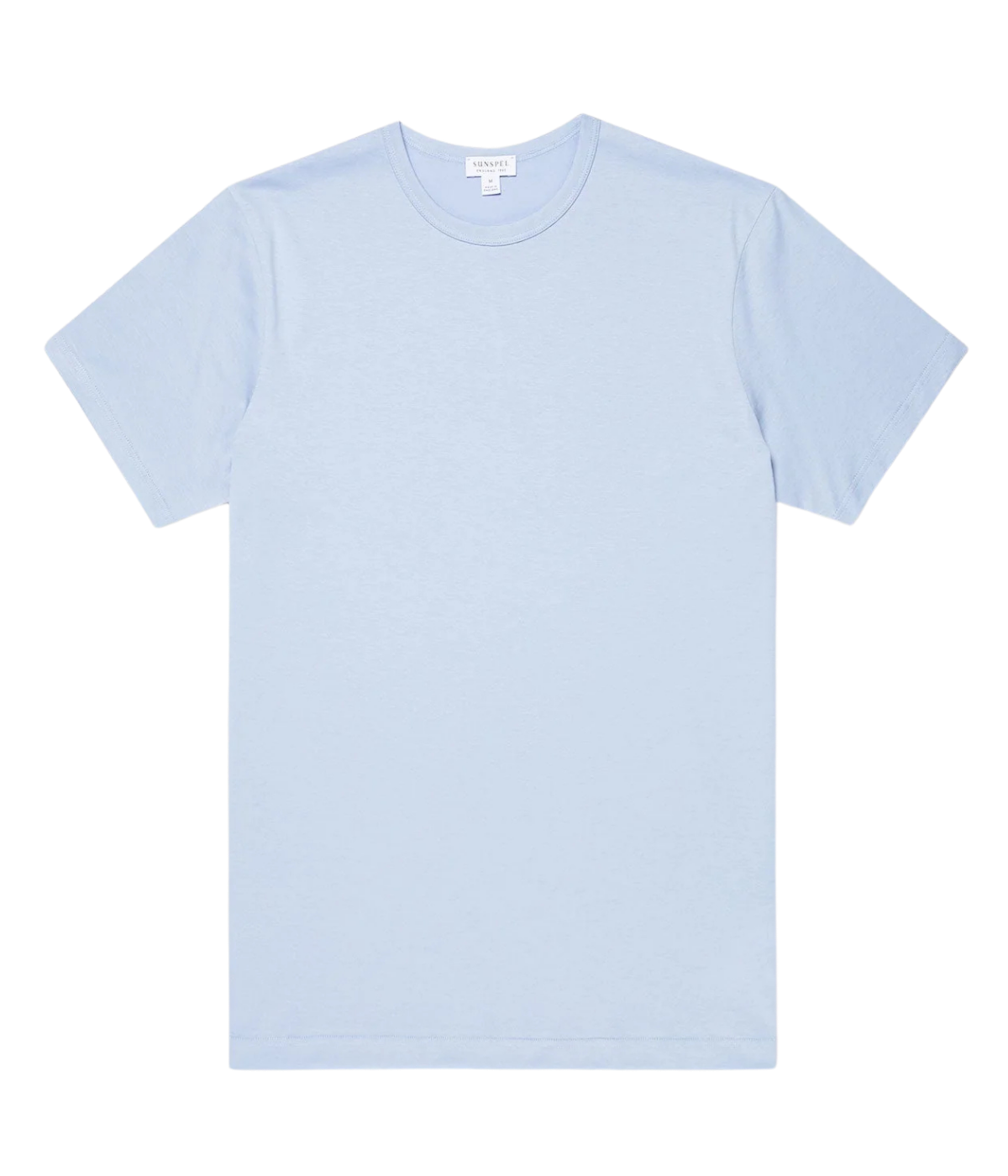 Sunspel Short Sleeve Crew Neck T-Shirt in Sky – flat lay product shot showcasing slim fit silhouette, crew neckline, and soft cotton jersey fabric.