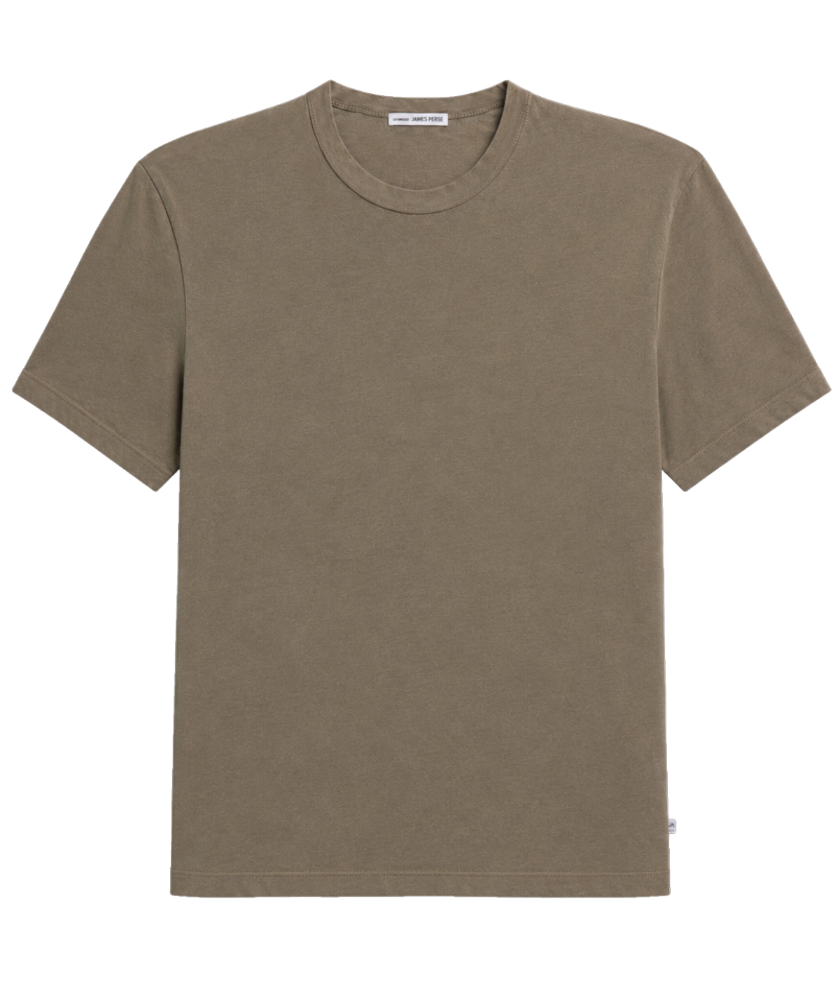 James Perse S/S Crew Neck in Light Olive Pigment – flat lay product shot displaying crew neckline, short sleeves, and midweight cotton jersey fabric.