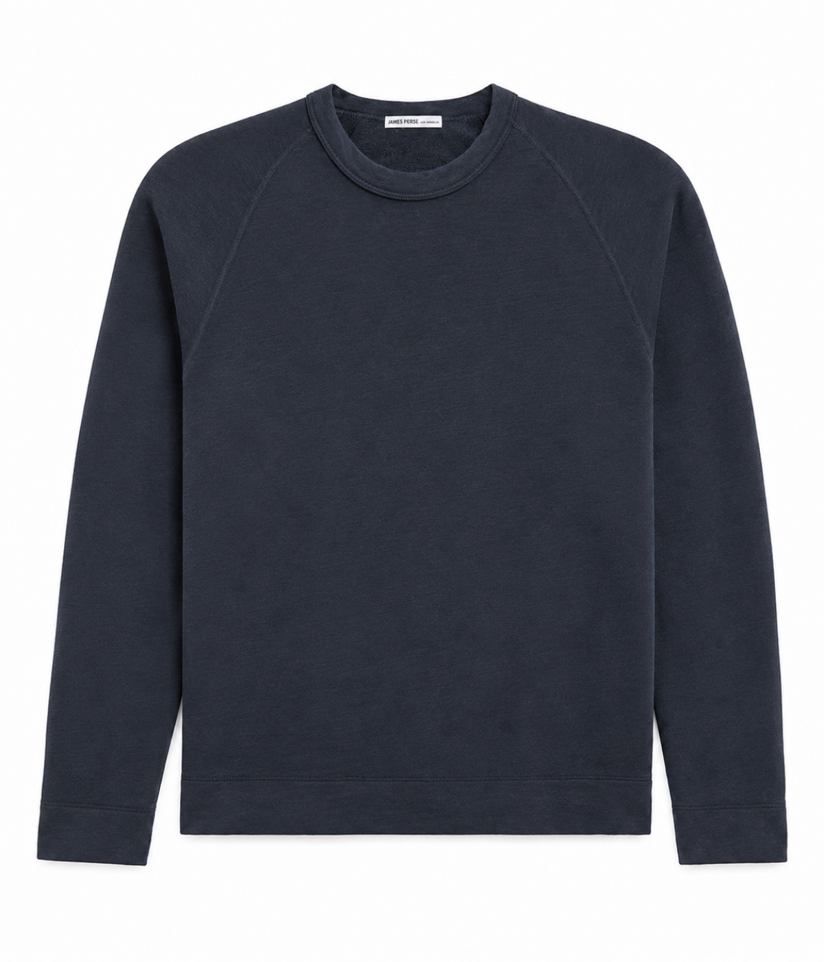 James Perse Vintage French Terry Sweatshirt in Deep – flat lay product shot displaying crew neckline, raglan sleeves, and lightweight cotton French terry fabric.