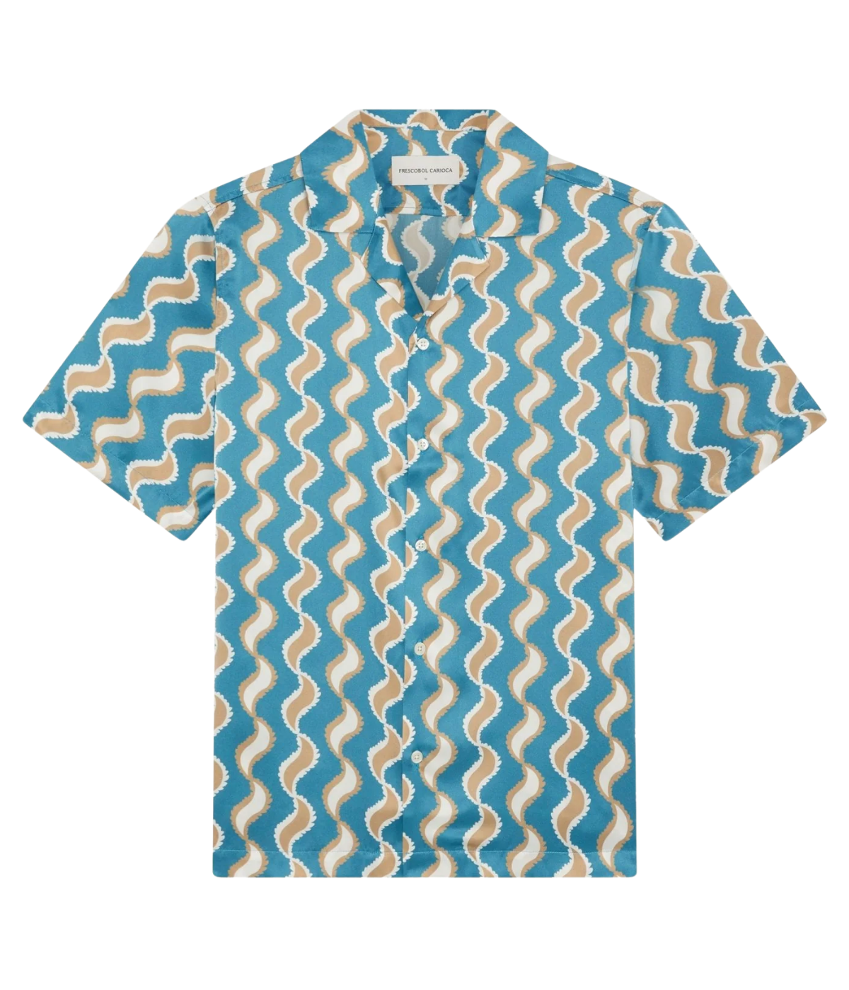 Frescobol Carioca Roberto Silk Shirt Short Sleeve Copacabana Paisley in Teal – Flat Lay View Printed Silk Camp Collar Shirt
