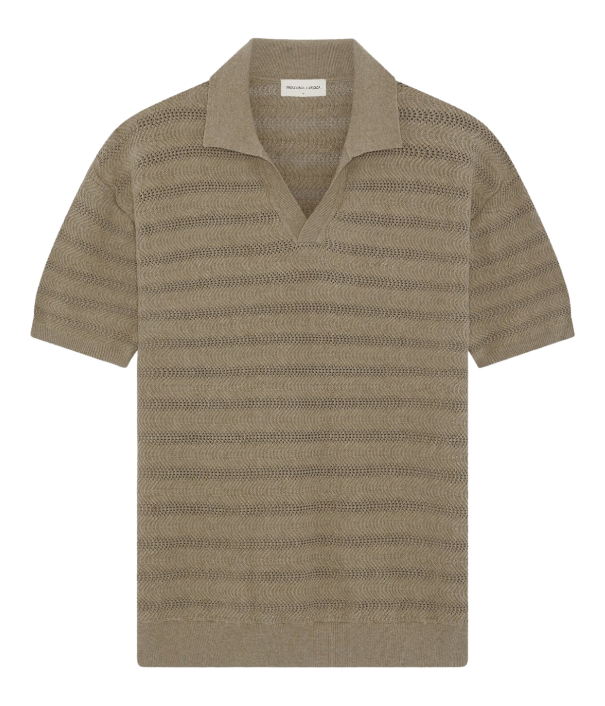Frescobol Carioca Rino Cotton Jacquard Wave Short Sleeve Knit Polo in Light Brown – Flat Lay View Jacquard Knit Polo