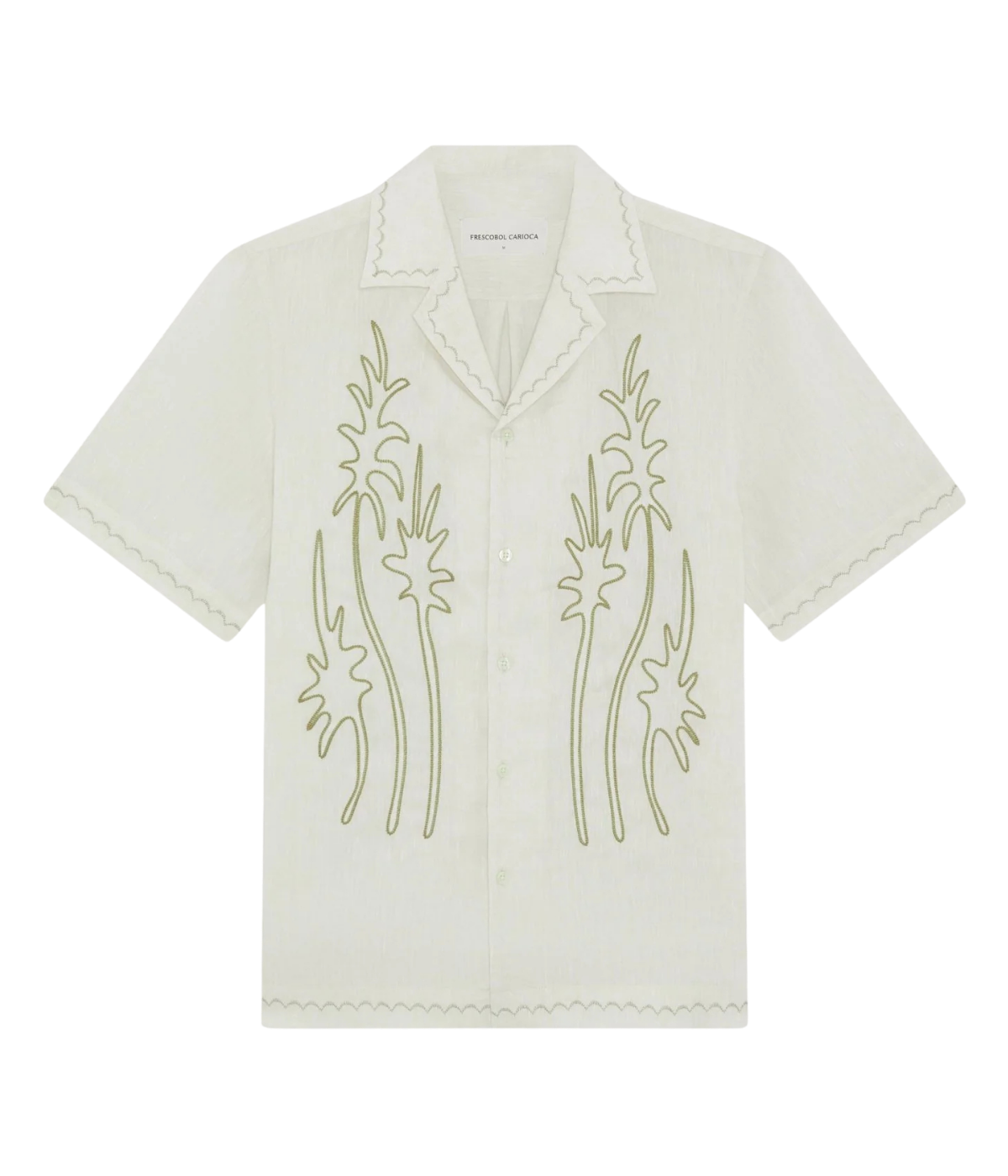 Frescobol Carioca Alves Palm Embroidered Linen Short Sleeve Shirt in Cream featuring seasonal palm embroidery, a camp collar and chest pocket, Flat Lay View