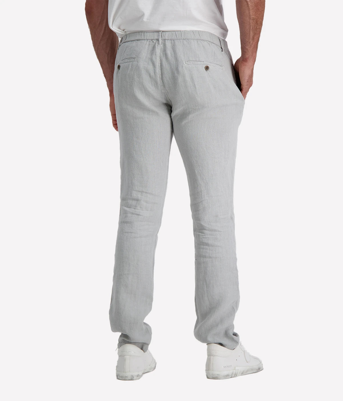 Hartford Tanker Pants in Silver, made from breathable French linen with a straight-leg fit, elastic drawstring waistband, and classic pocket detailing.