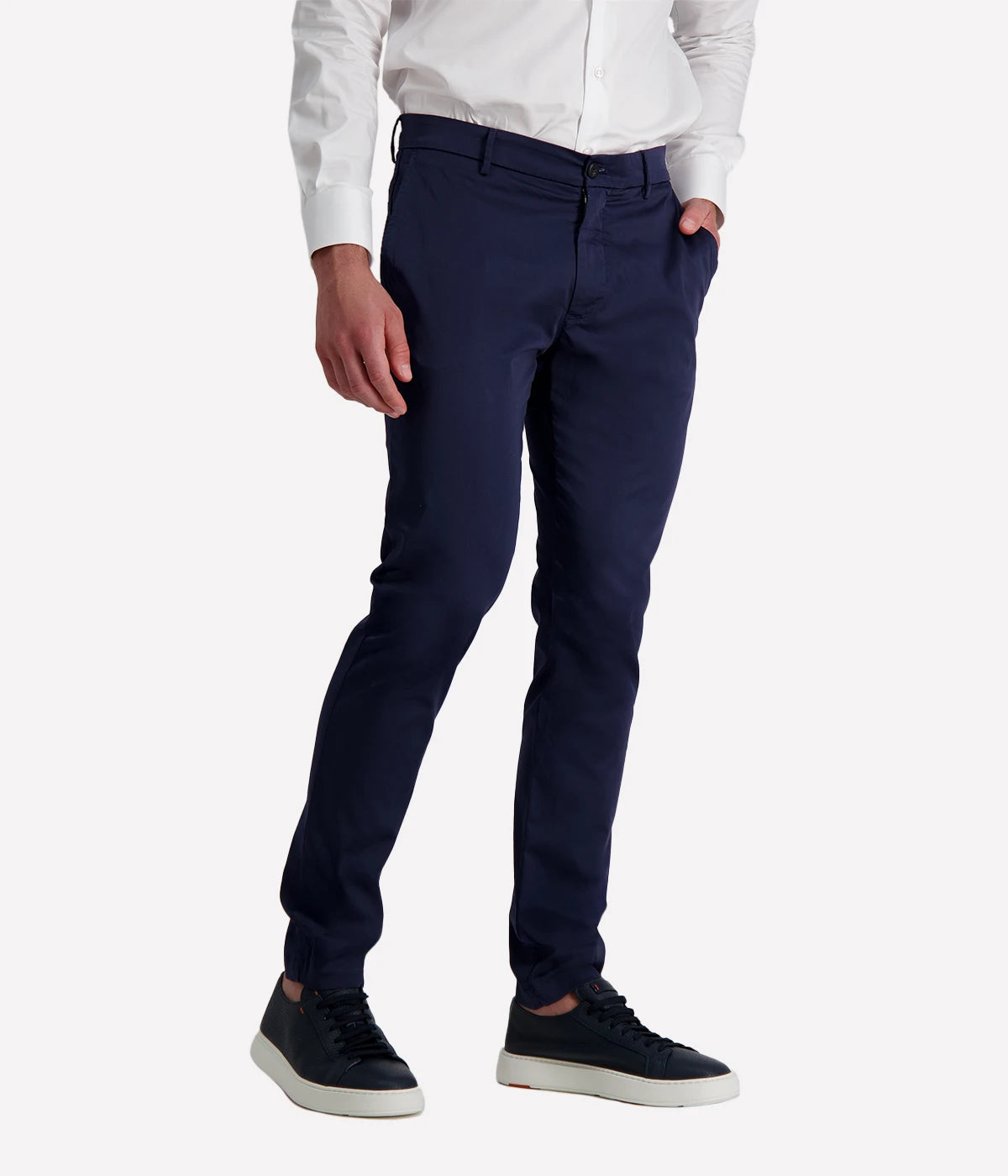 Eleventy men's dark blue straight-leg trousers in stretch cotton poplin with side and back welt pockets.