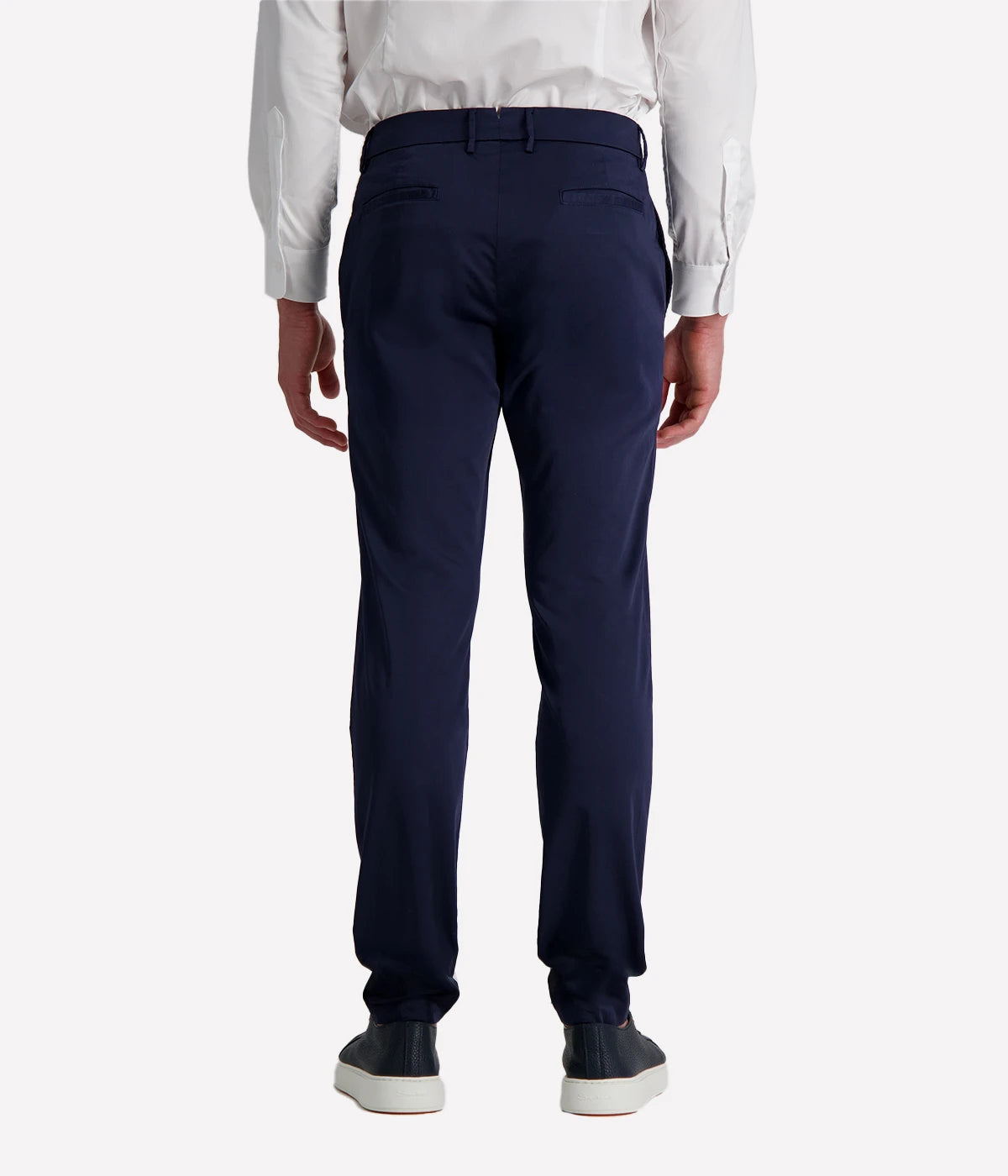 Eleventy men's dark blue straight-leg trousers in stretch cotton poplin with side and back welt pockets.