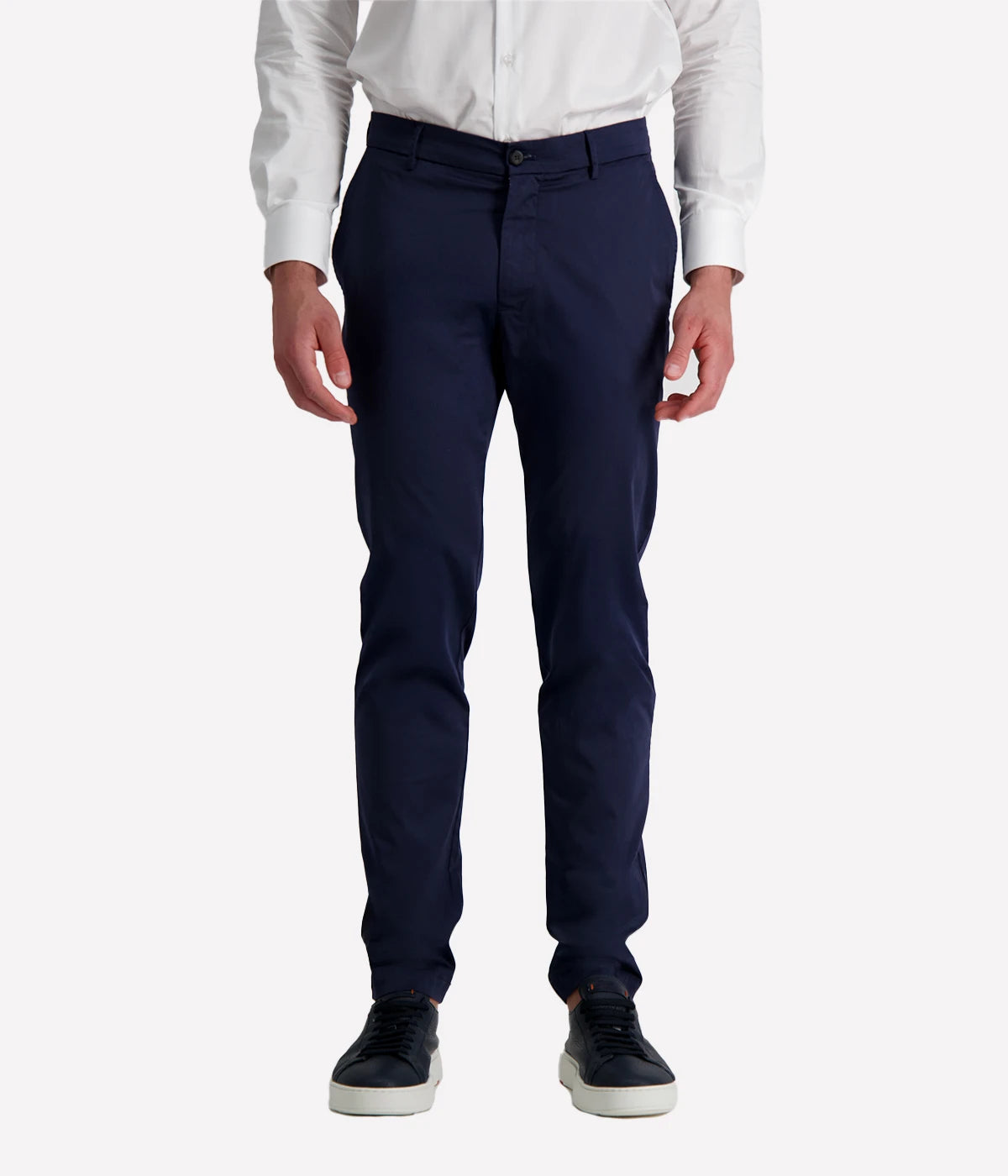 Eleventy men's dark blue straight-leg trousers in stretch cotton poplin with side and back welt pockets.