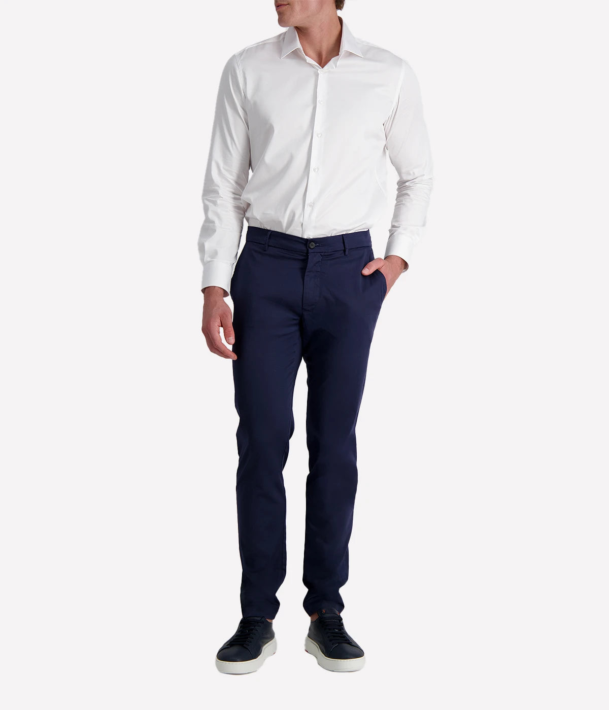 Eleventy men's dark blue straight-leg trousers in stretch cotton poplin with side and back welt pockets.