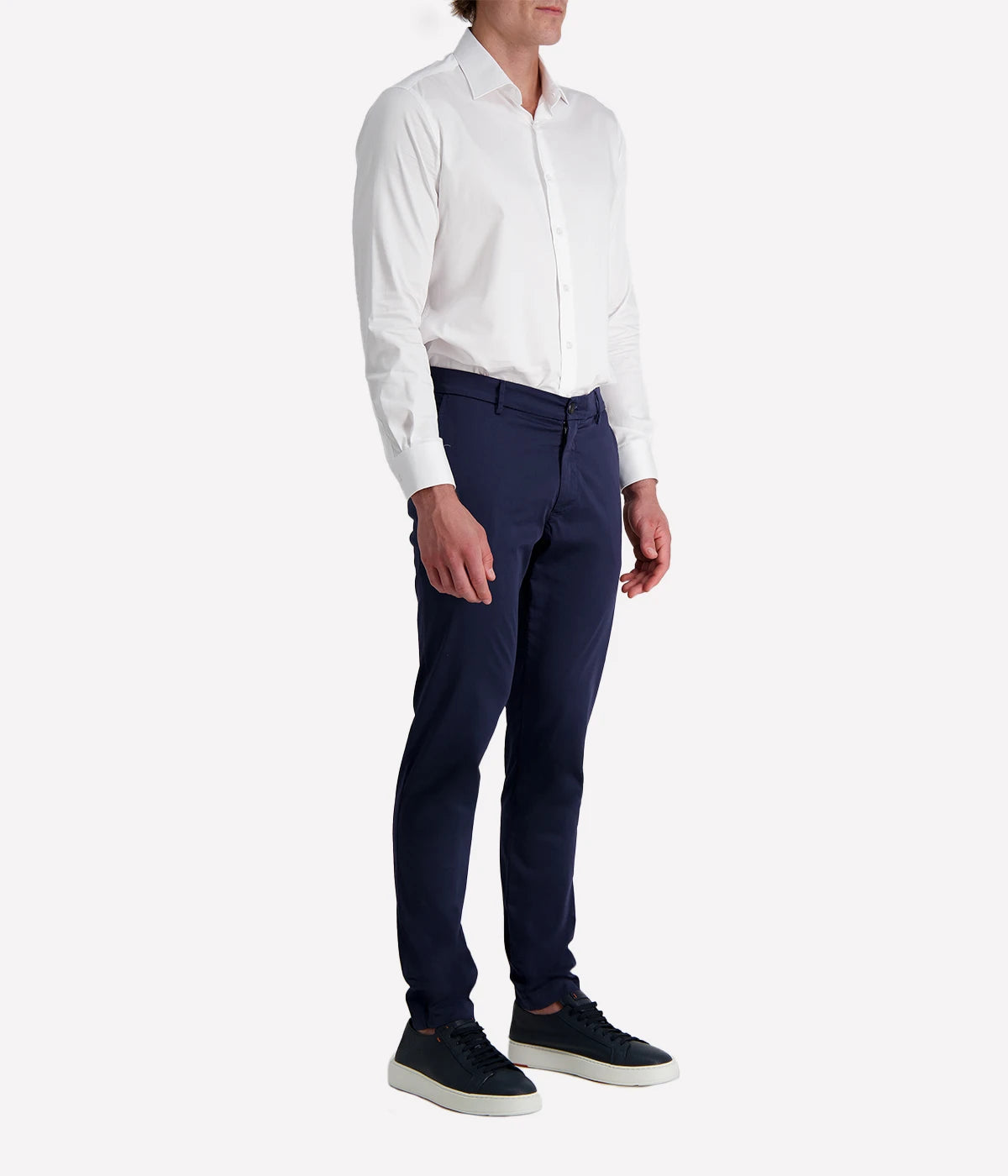 Eleventy men's dark blue straight-leg trousers in stretch cotton poplin with side and back welt pockets.