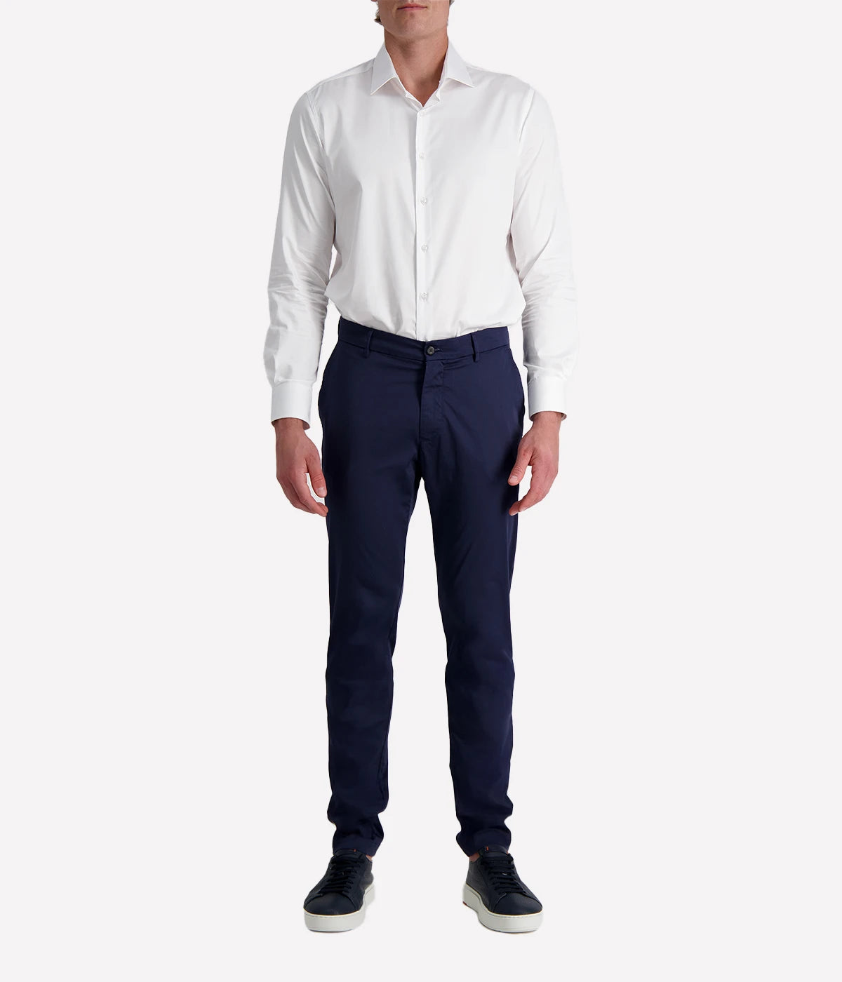 Eleventy men's dark blue straight-leg trousers in stretch cotton poplin with side and back welt pockets.