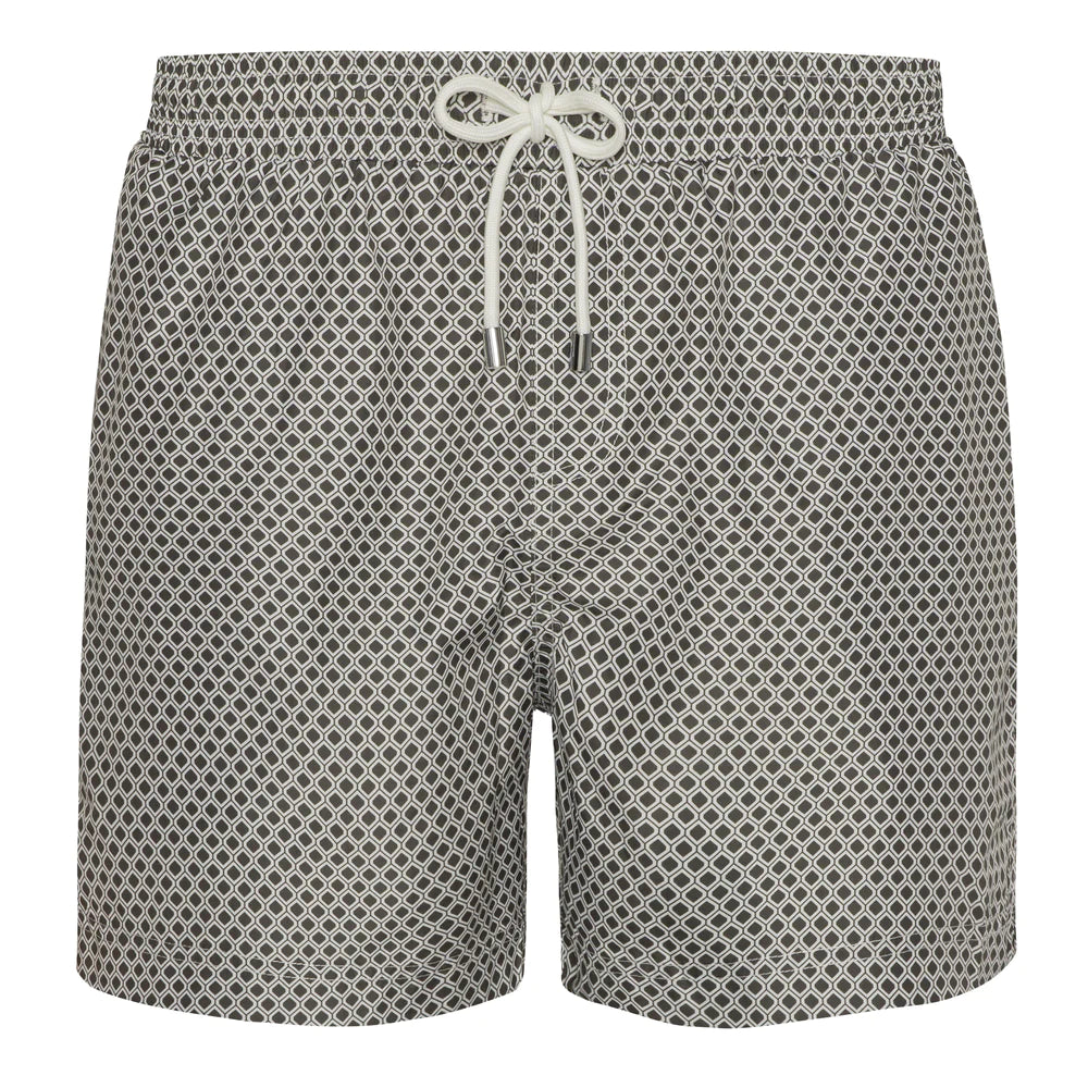 white and grey pattern men's swimshort with drawstrings