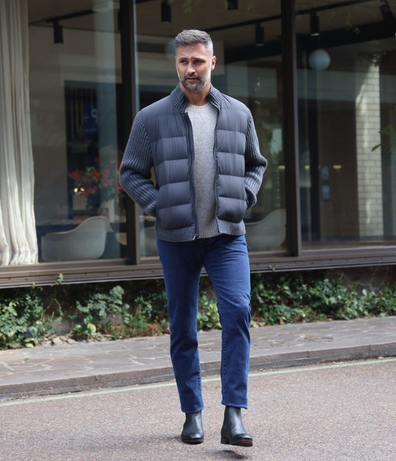 James Perse mixed media funnel neck jacket with quilted detailing, soft cashmere-wool blend sleeves and neck, crafted from Italian fabric