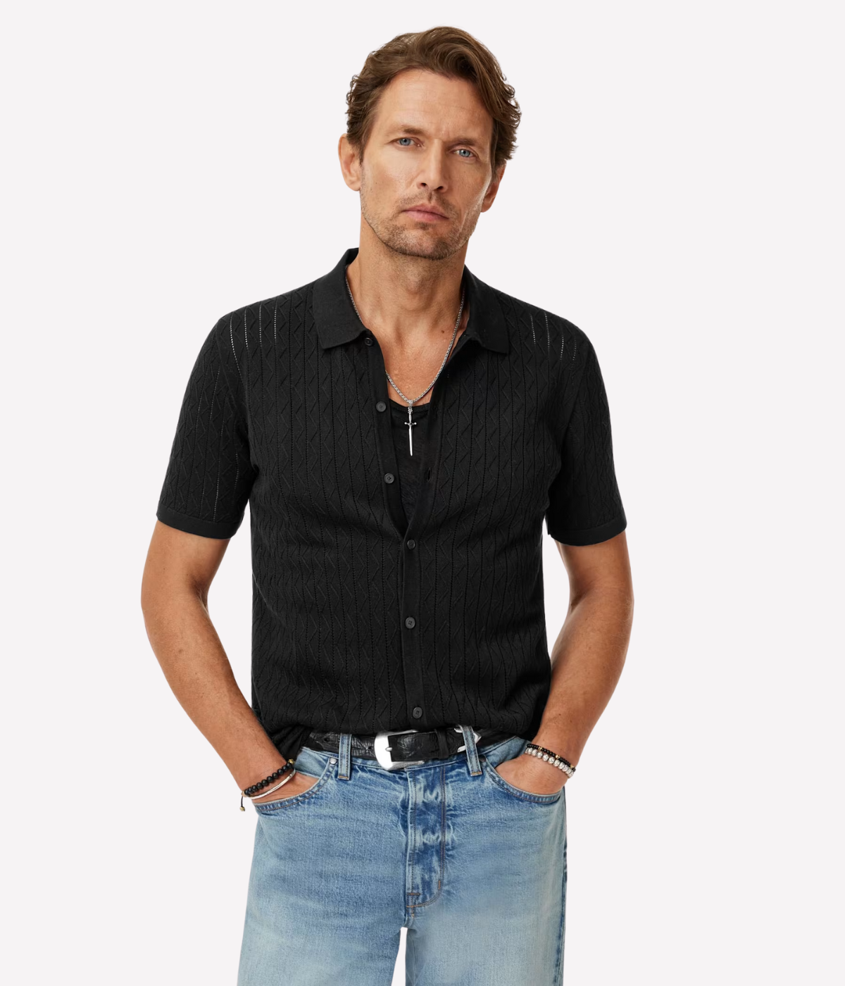 Moore Short Sleeve Textured Sweater in Black
