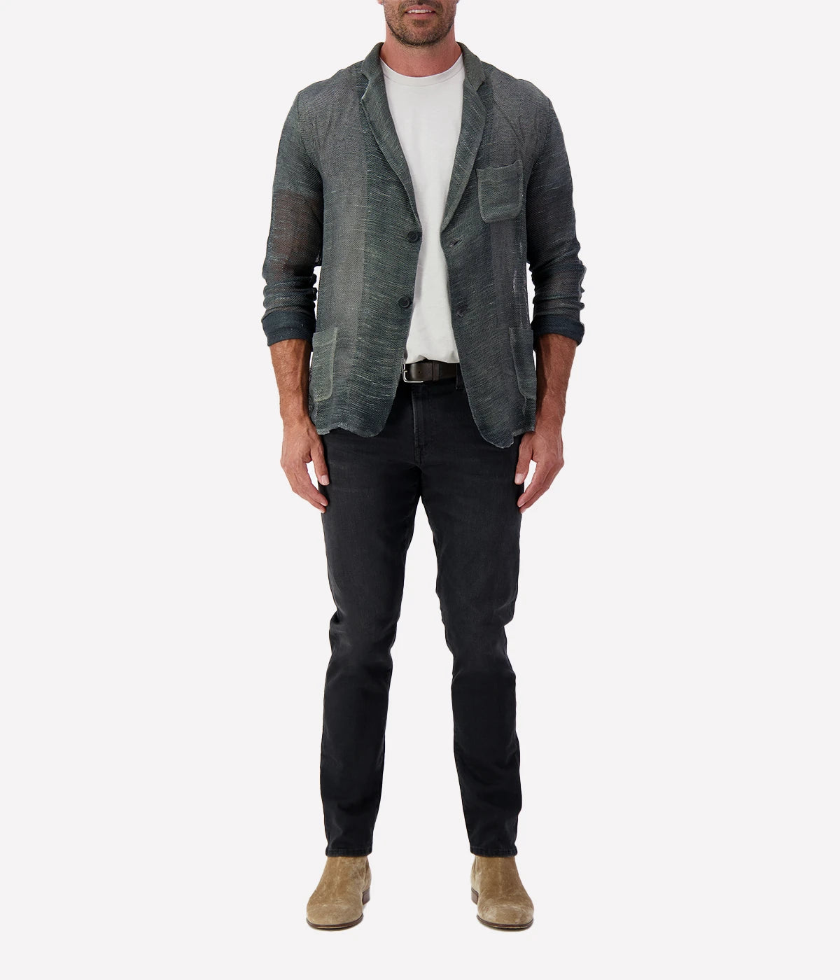 Hand-painted Avant Toi linen jacket for men, featuring a unique artisanal finish, lightweight construction, and a relaxed yet refined fit. Made in Italy.