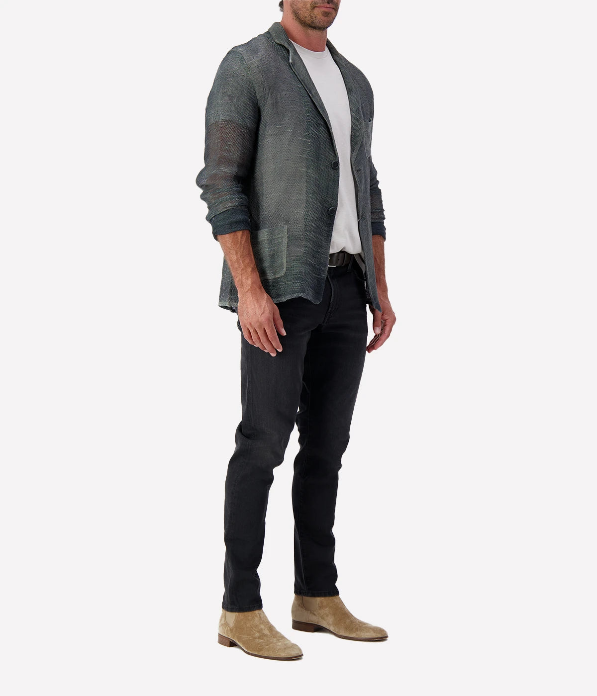 Hand-painted Avant Toi linen jacket for men, featuring a unique artisanal finish, lightweight construction, and a relaxed yet refined fit. Made in Italy.