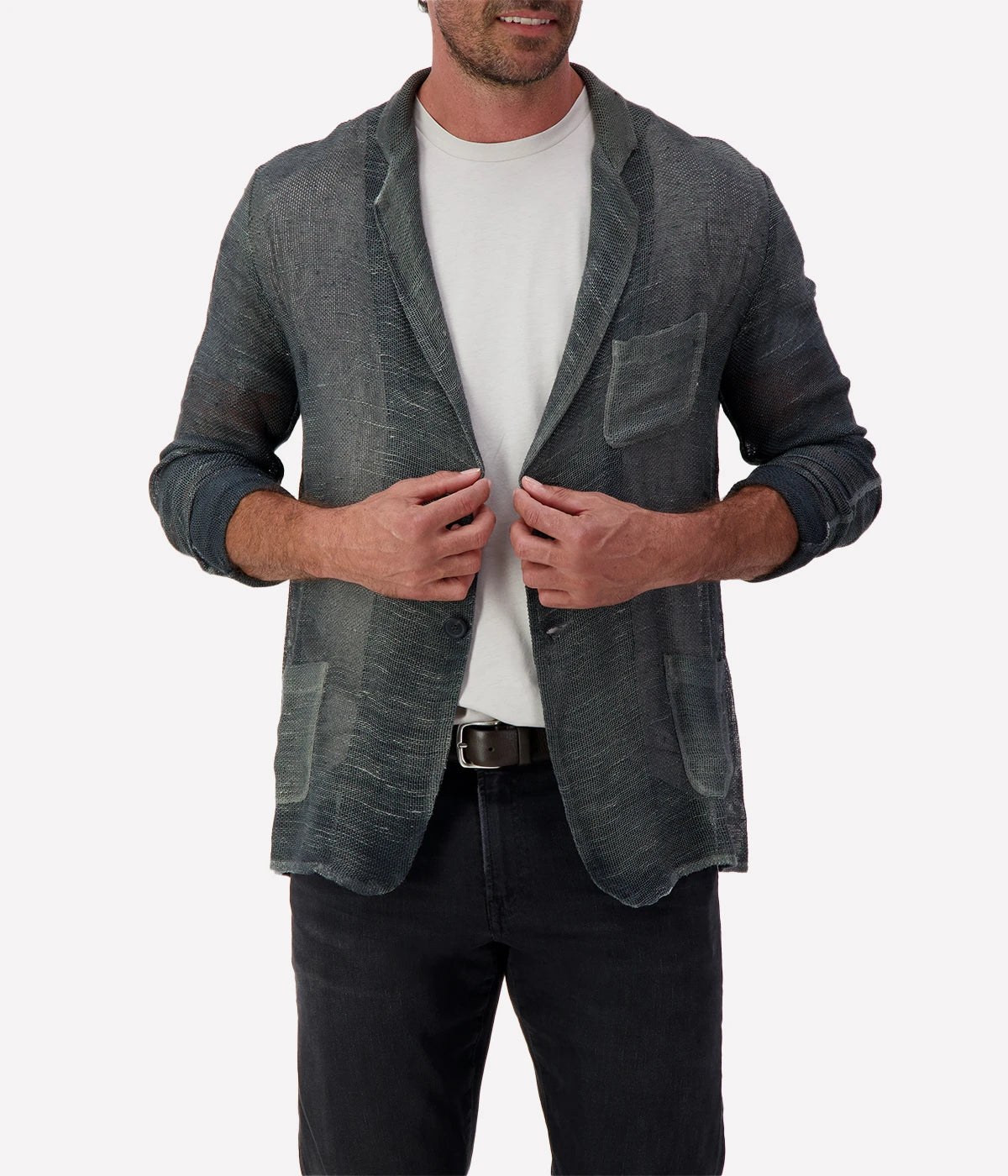 Hand-painted Avant Toi linen jacket for men, featuring a unique artisanal finish, lightweight construction, and a relaxed yet refined fit. Made in Italy.