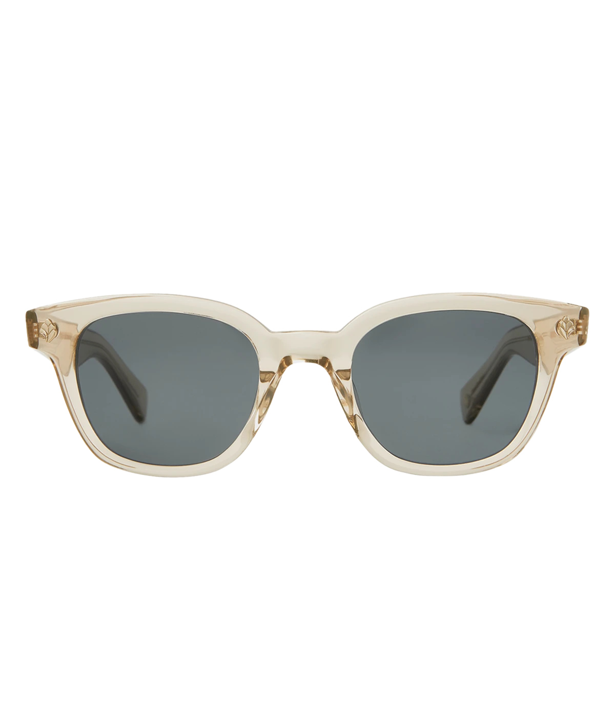 Cured cellulose acetate frame with stainless steel core wire and palm leaf plaques on exaggerated endpieces. Five barrel hinges with real rivets for a durable, stylish fit. Bold, vintage-inspired design.