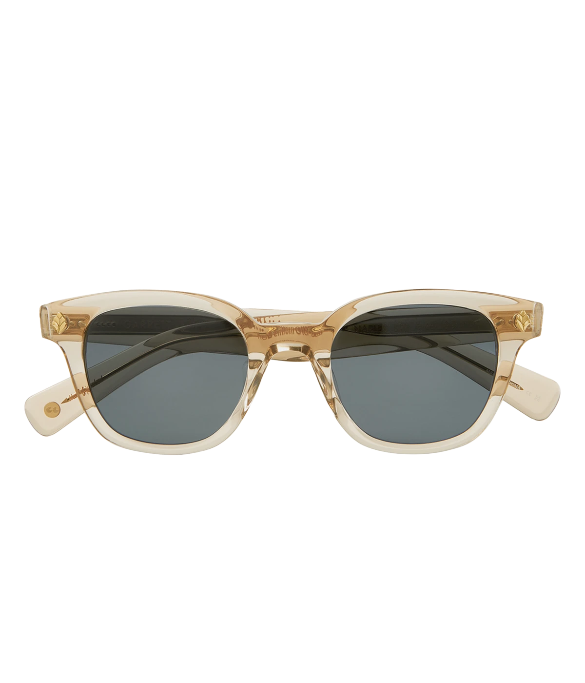 Cured cellulose acetate frame with stainless steel core wire and palm leaf plaques on exaggerated endpieces. Five barrel hinges with real rivets for a durable, stylish fit. Bold, vintage-inspired design.