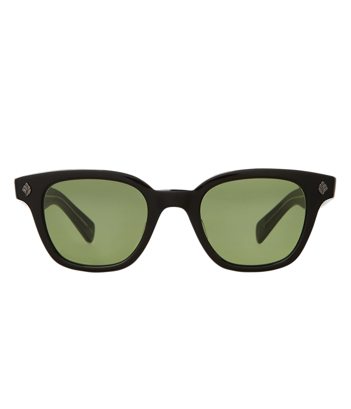 Cured cellulose acetate frame with stainless steel core wire and palm leaf plaques on exaggerated endpieces. Five barrel hinges with real rivets for a durable, stylish fit. Bold, vintage-inspired design.