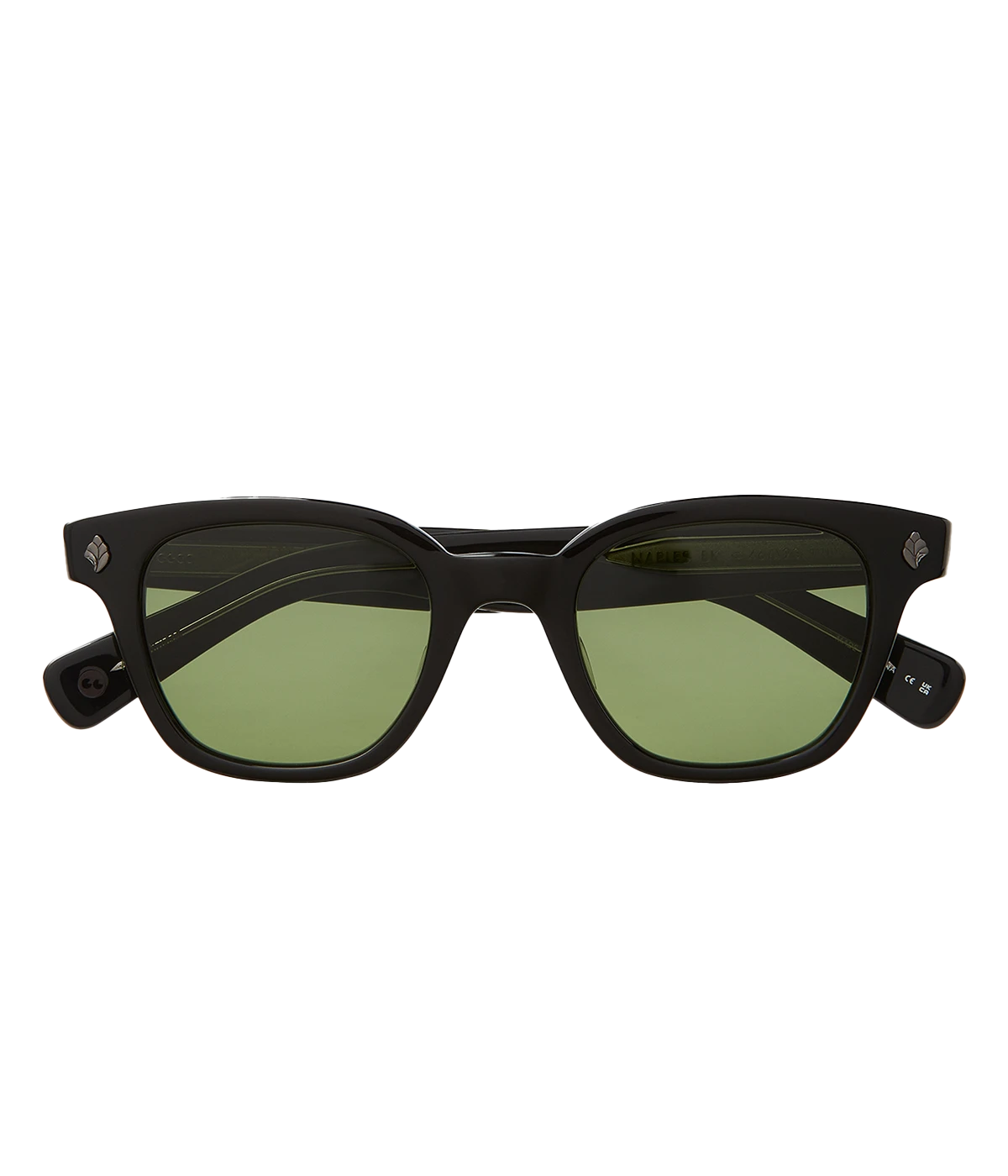Cured cellulose acetate frame with stainless steel core wire and palm leaf plaques on exaggerated endpieces. Five barrel hinges with real rivets for a durable, stylish fit. Bold, vintage-inspired design.