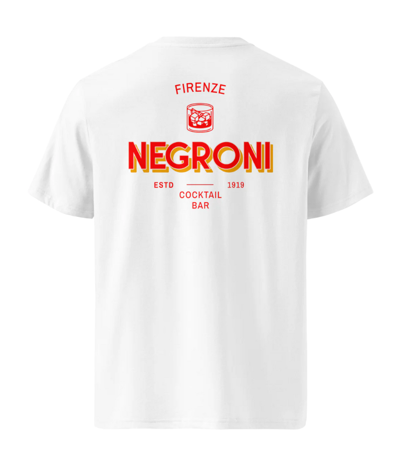 White t-shirt with red and yellow graphic: “Firenze Negroni Cocktail Bar ESTD 1919”