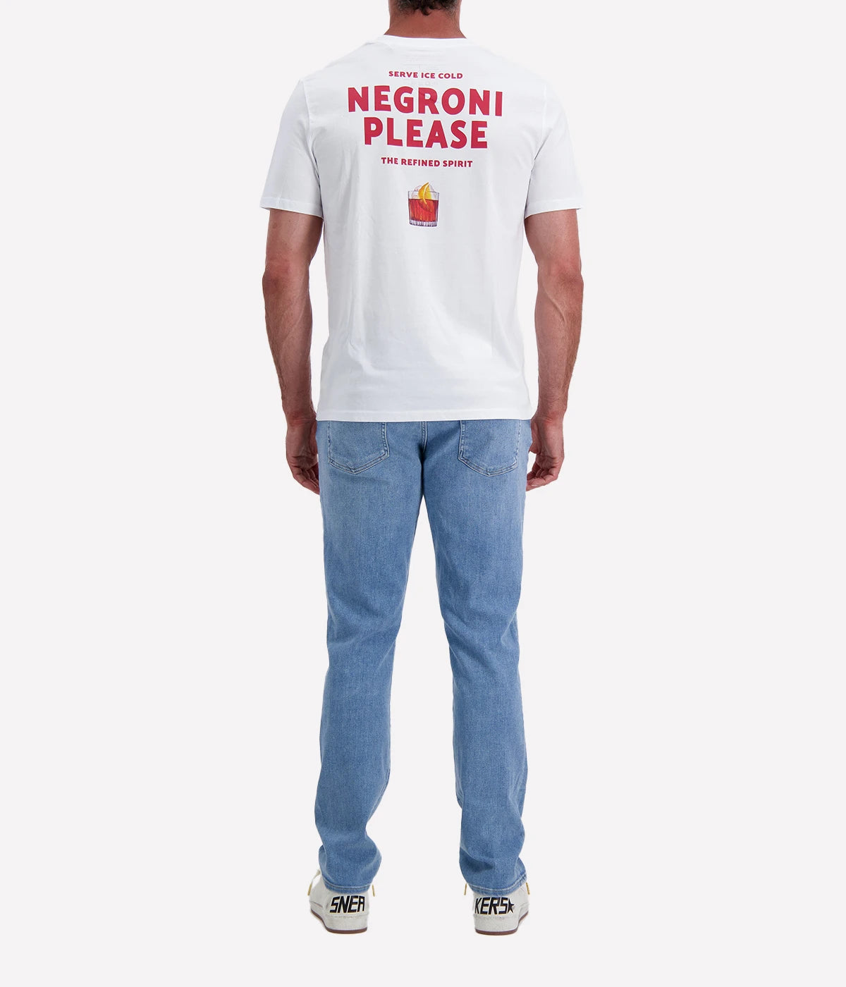 White graphic tee with "Negroni Please" text in red on the front and back, made from organic cotton.