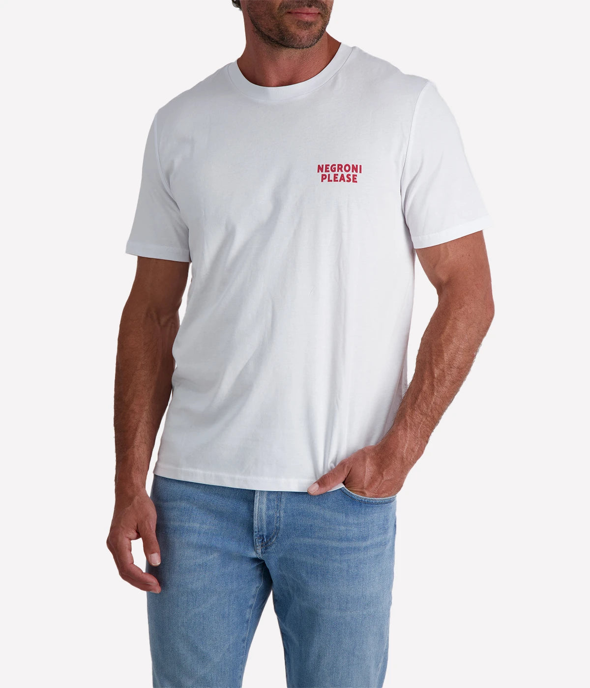 White graphic tee with "Negroni Please" text in red on the front and back, made from organic cotton.