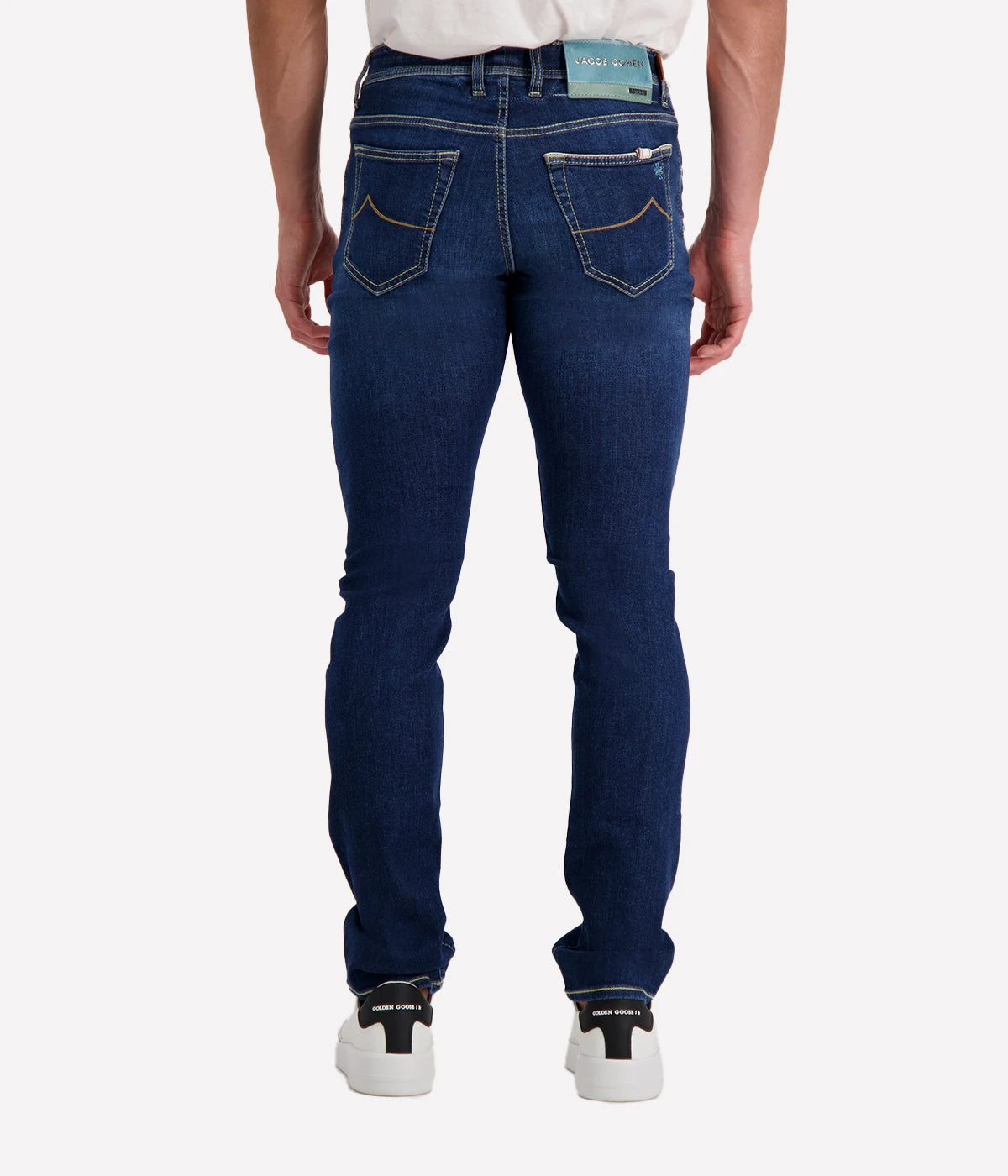 Back view of Jacob Cohen Nick 5-Pocket Jeans with a mid-rise waist, signature suede logo patch, and premium denim craftsmanship.