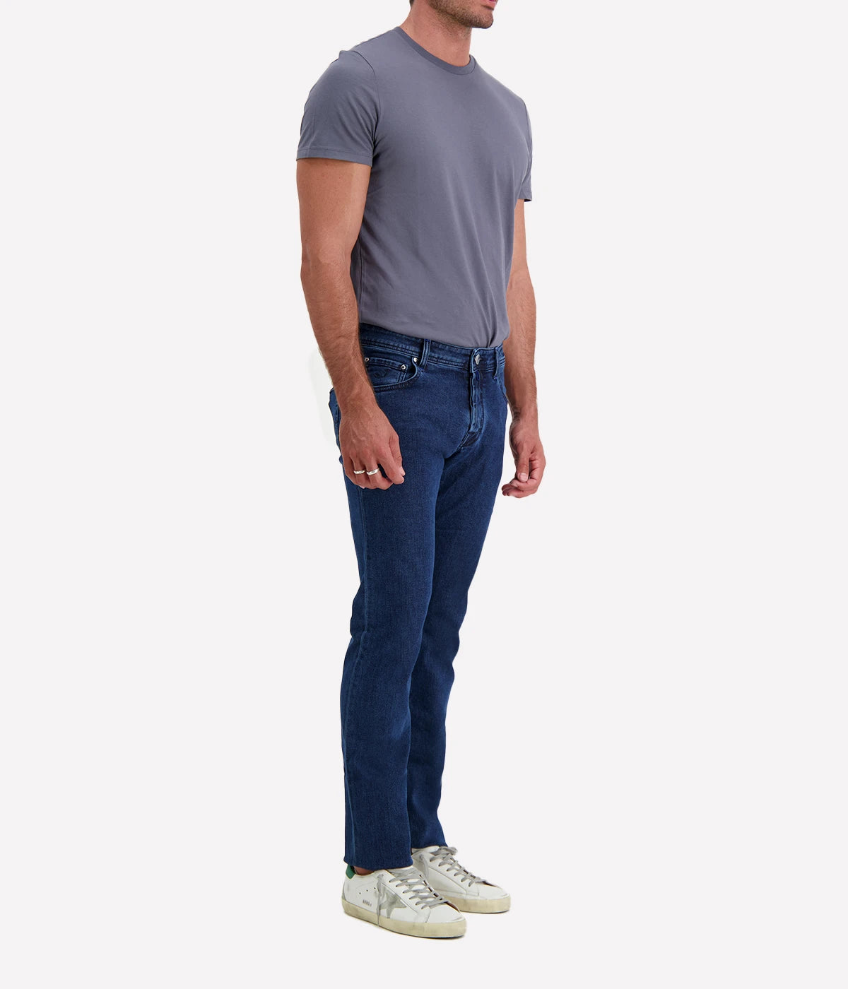 Side view of Jacob Cohen Nick 5-Pocket Jeans showcasing the slim, tailored fit, mid-rise waist, and smooth, high-quality stretch denim.