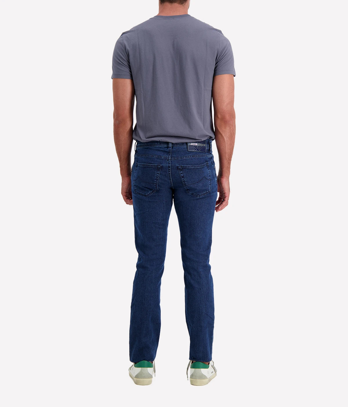 Back view of Jacob Cohen Nick 5-Pocket Jeans with a mid-rise waist, signature suede logo patch, and premium denim craftsmanship.