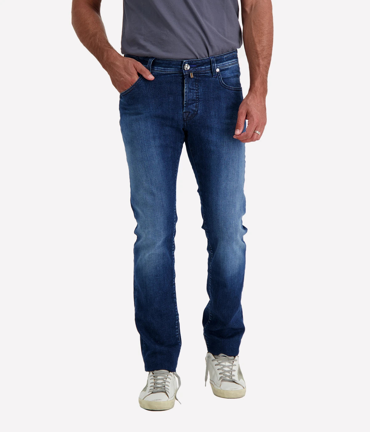 Jacob Cohen Nick 5-Pocket Jeans featuring a slim, tailored fit in high-quality stretch denim with classic five-pocket detailing and branded hardware.