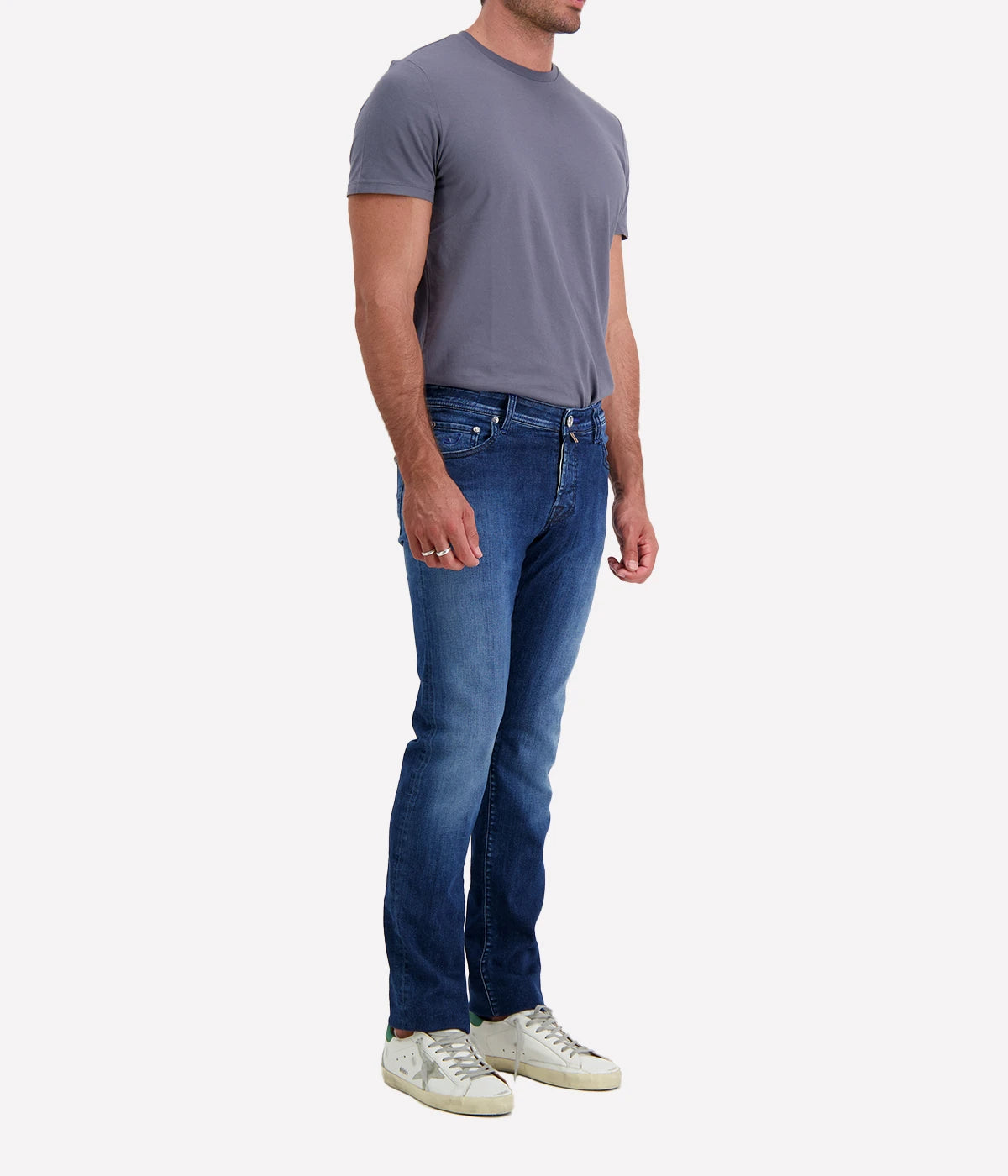 Side view of Jacob Cohen Nick 5-Pocket Jeans showcasing the slim, tailored fit, mid-rise waist, and smooth, high-quality stretch denim.