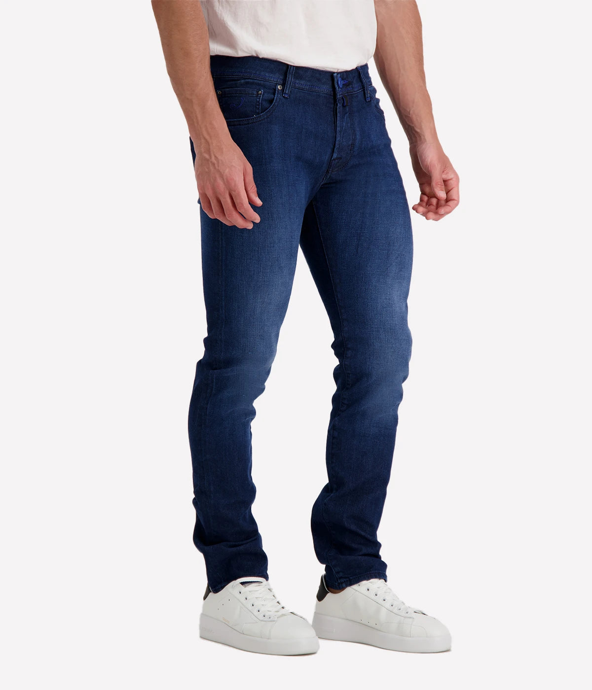 Side view of Jacob Cohen Nick 5-Pocket Jeans showcasing the slim, tailored fit, mid-rise waist, and smooth, high-quality stretch denim.